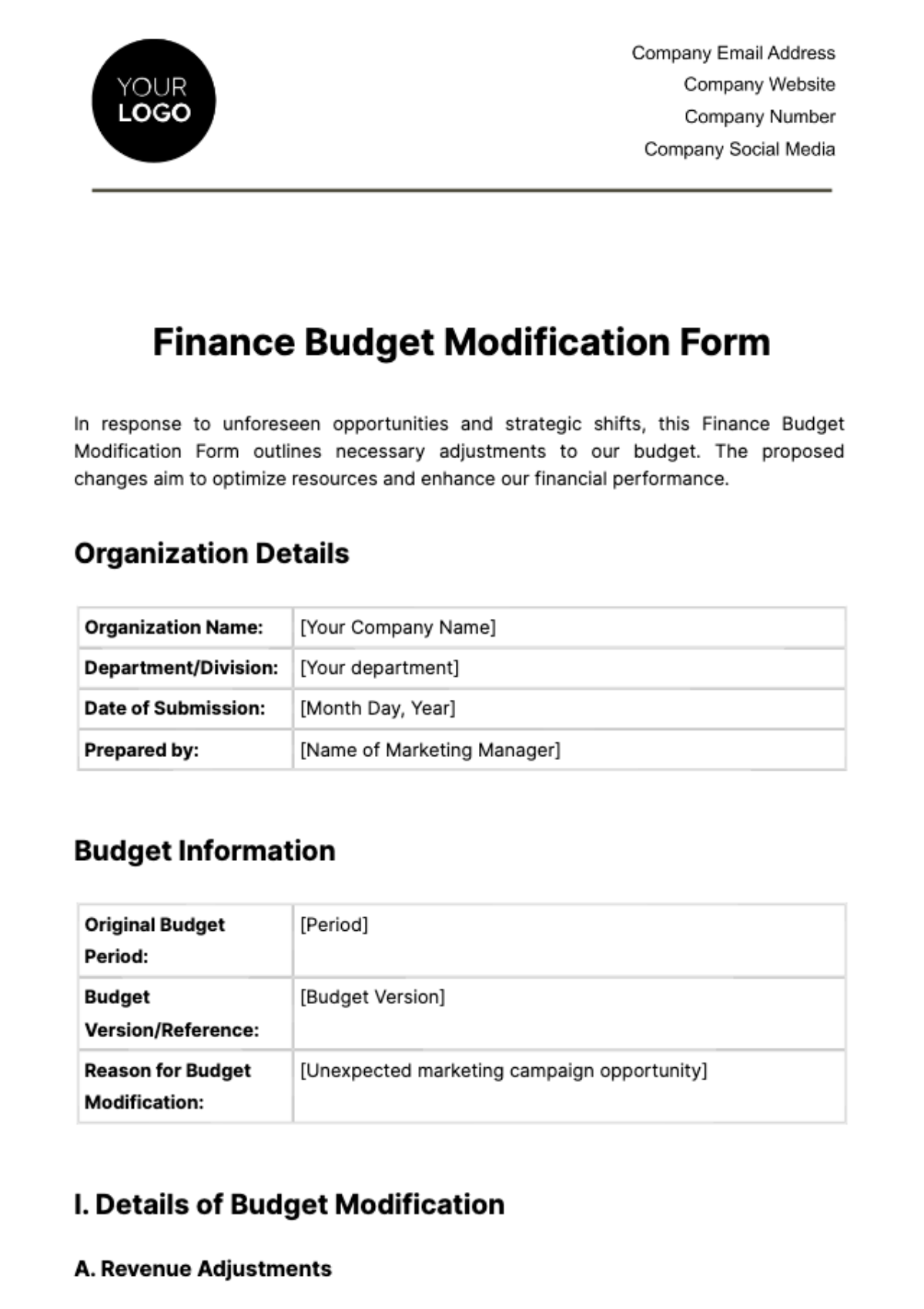 Free Finance Budget Modification Form Template