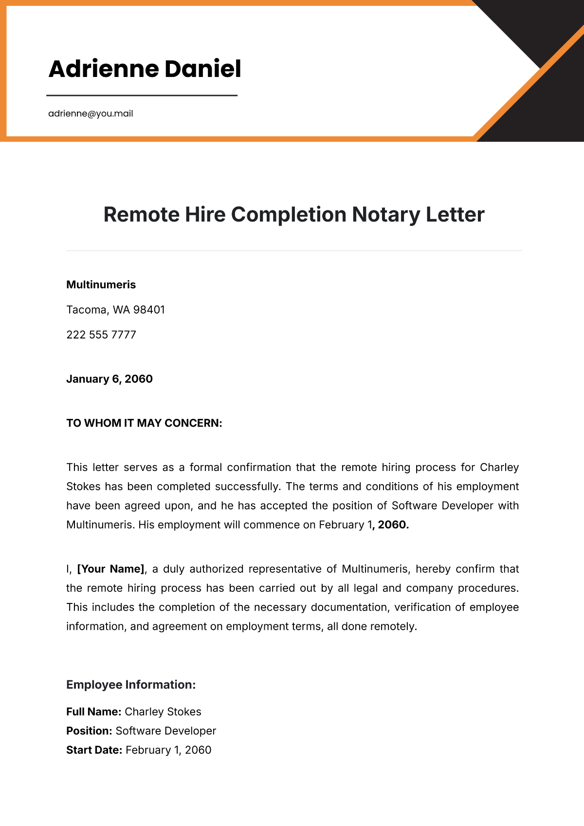 Free Remote Hire Completion Notary Letter Template