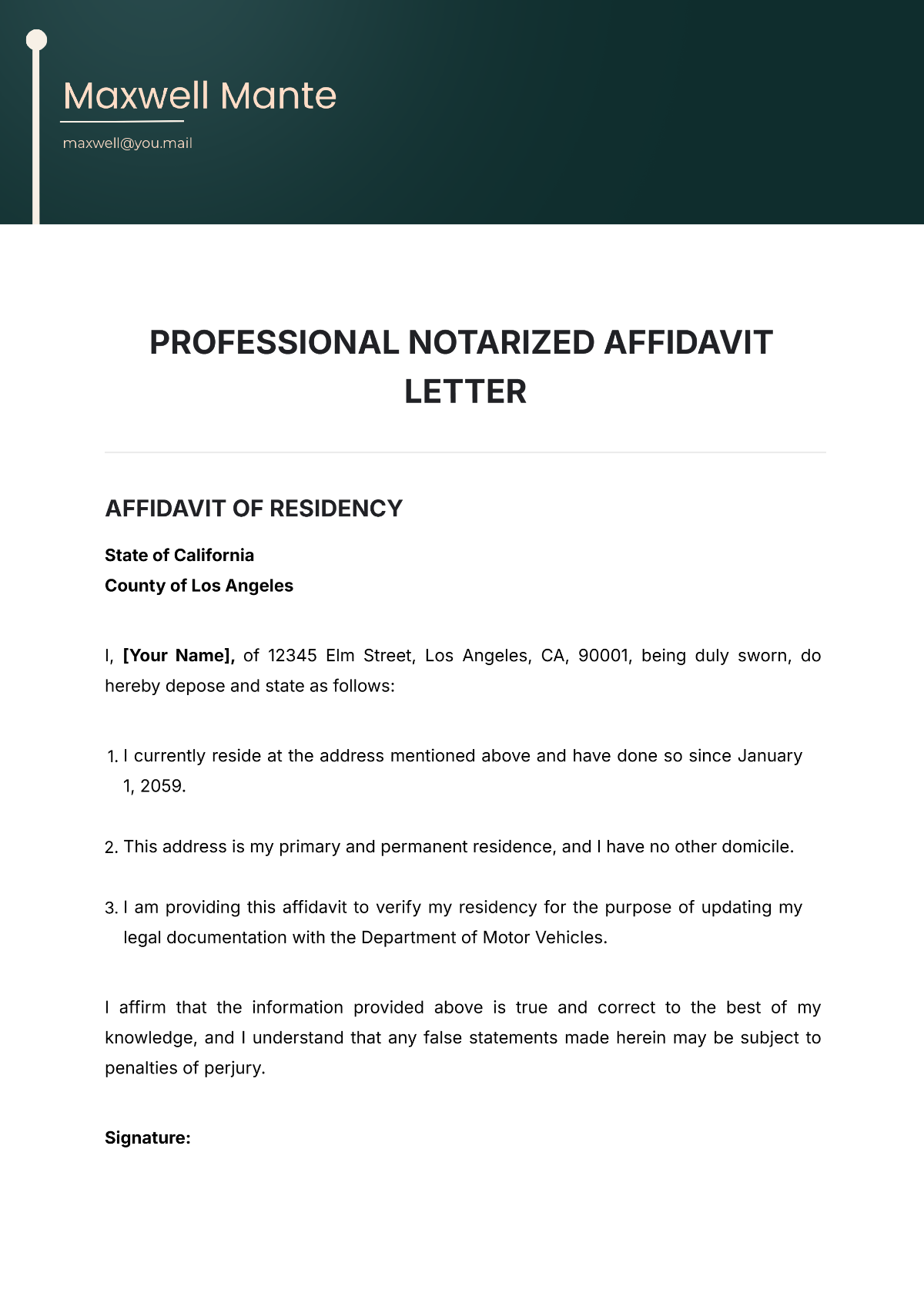 Free Professional Notary Affidavit Letter Template