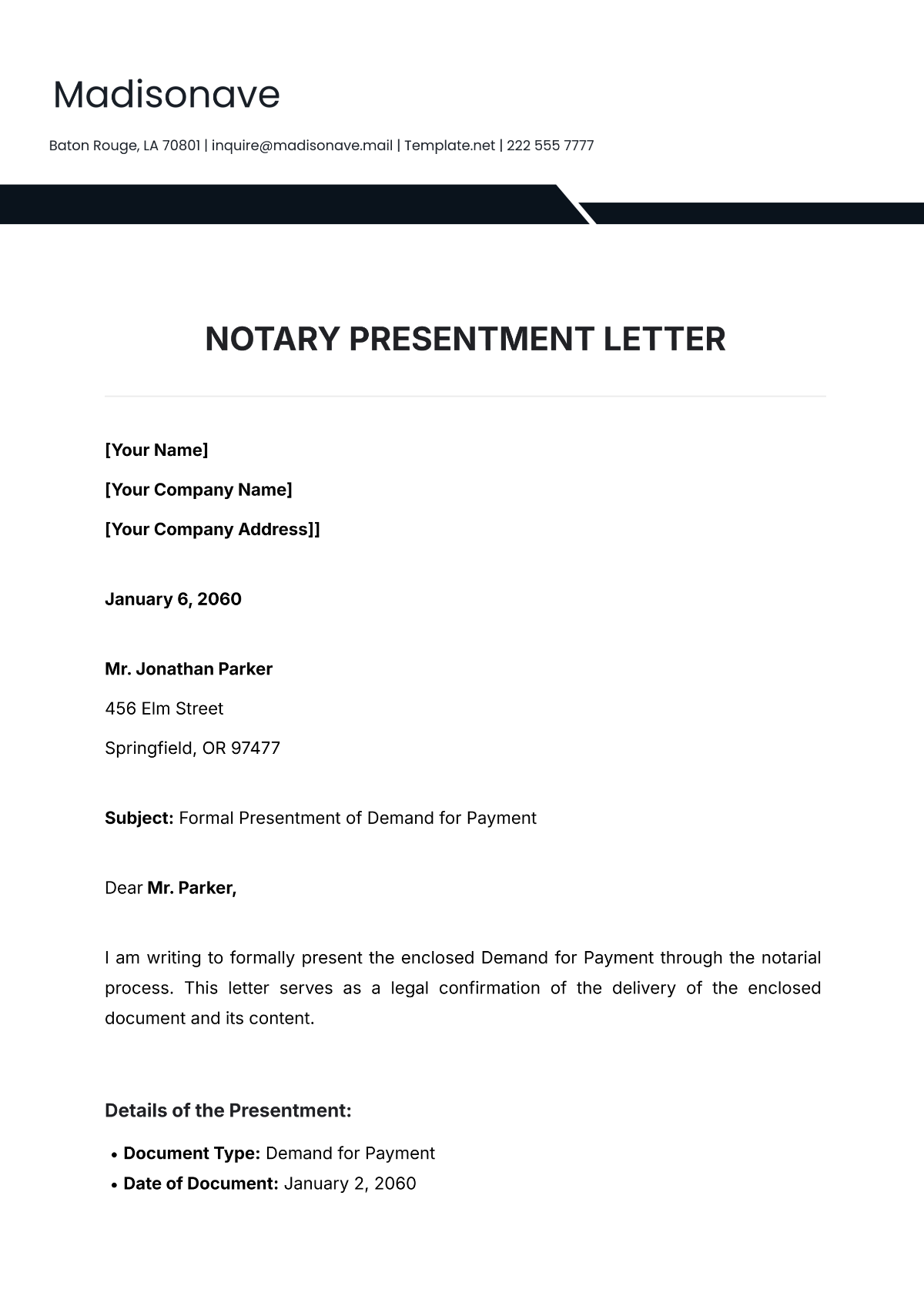 Free Notary Presentment Letter Template