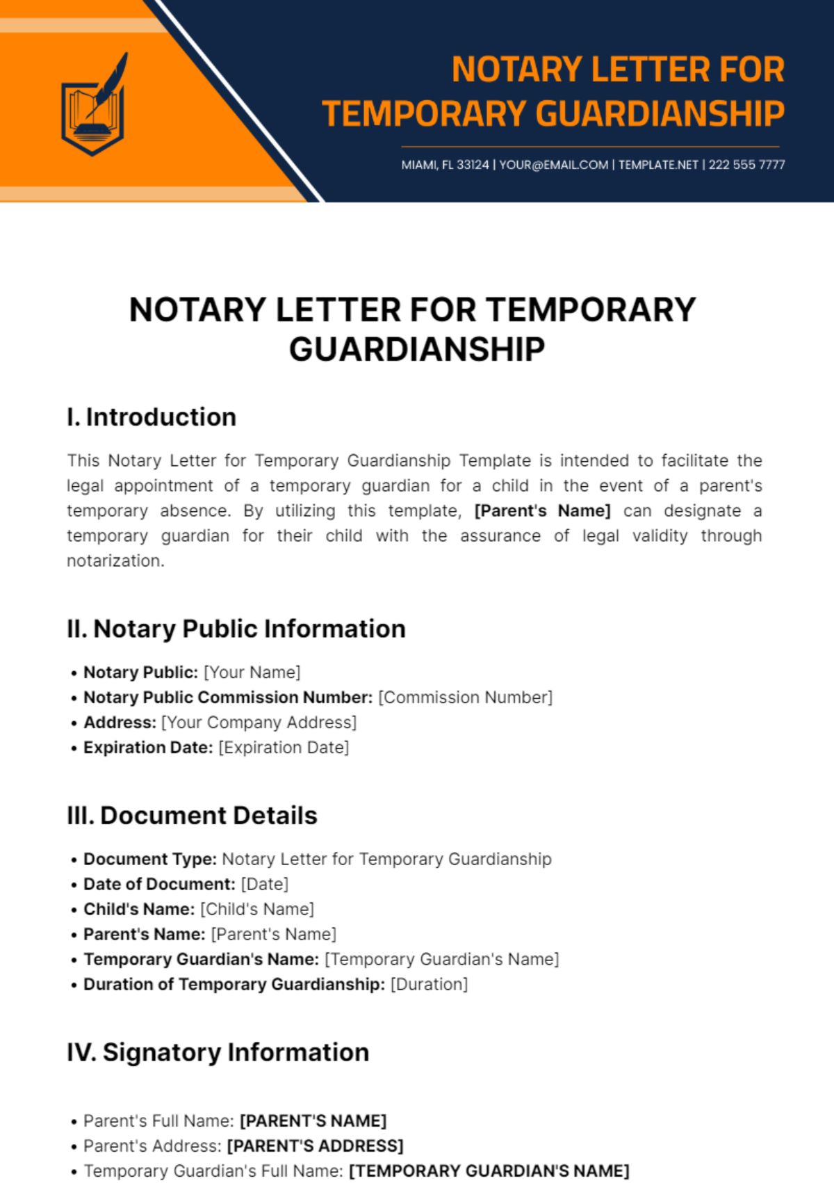 Free Notary Letter for Temporary Guardianship Template