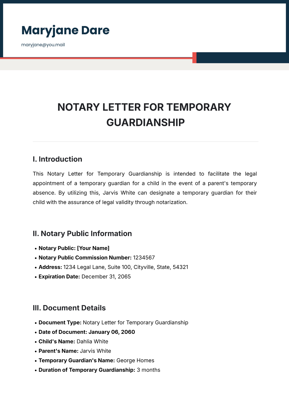 Free Notary Letter for Temporary Guardianship Template