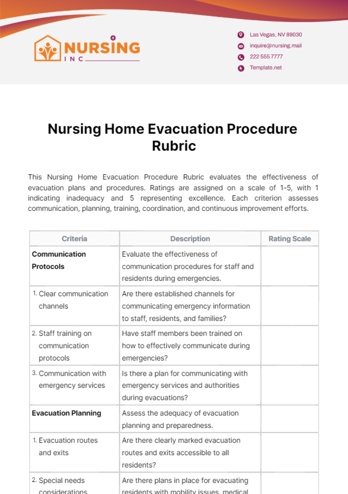 Free Nursing Home Evacuation Procedure Rubric Template