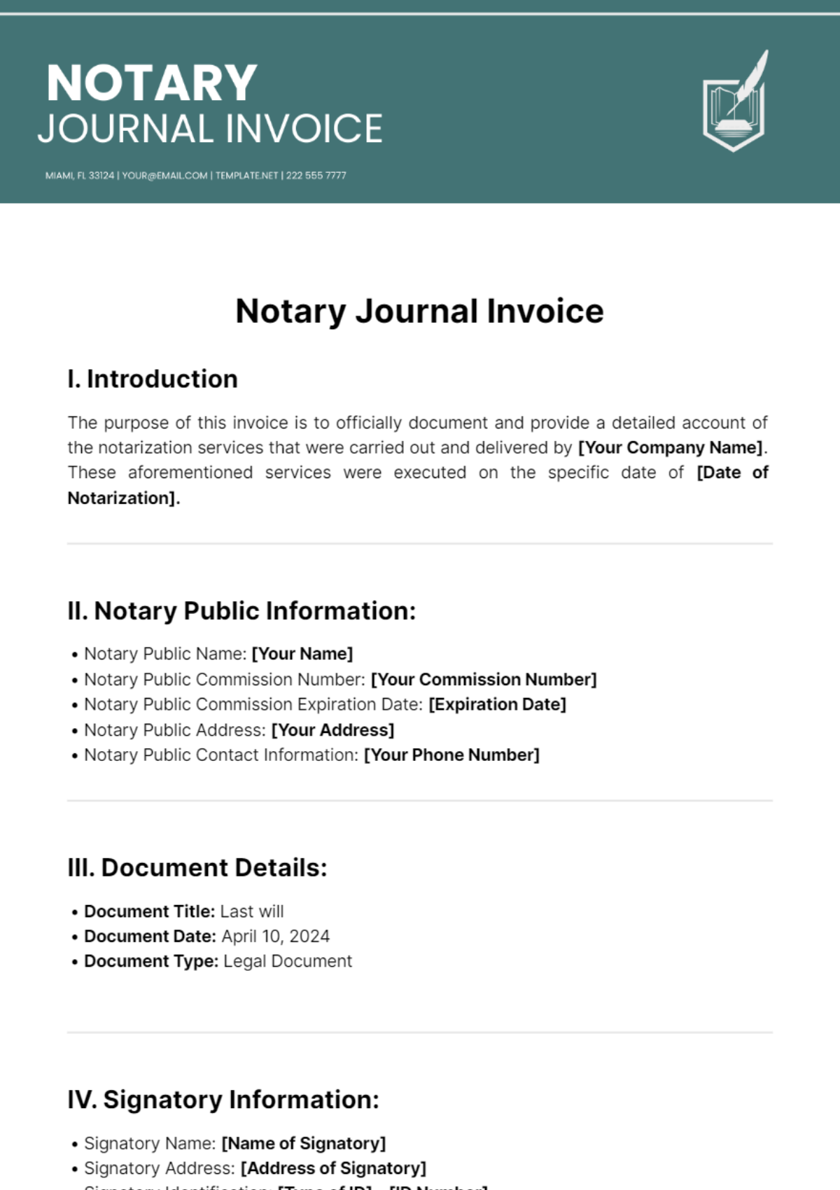 Notary Journal Invoice Template