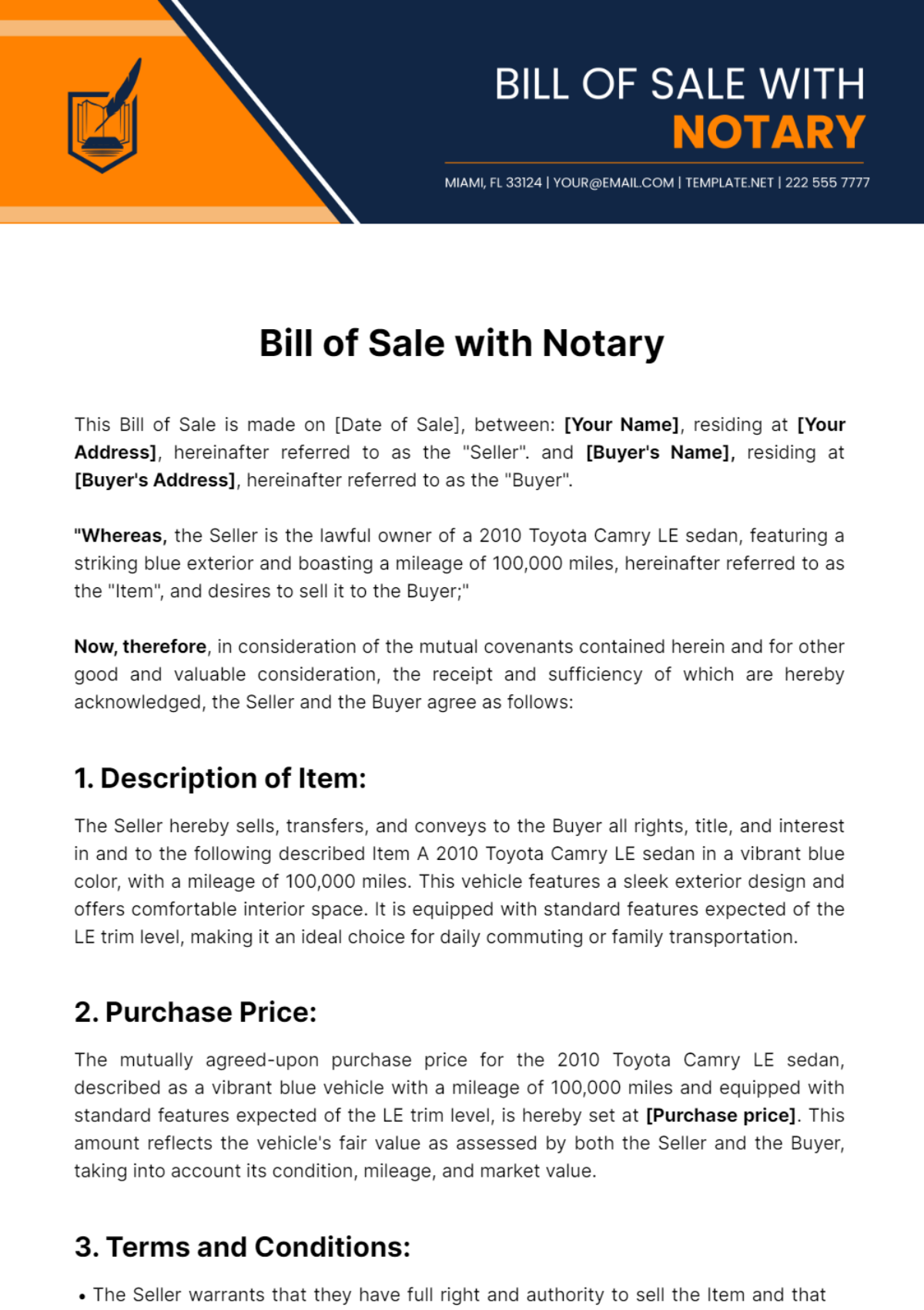 Free Bill of Sale with Notary Template