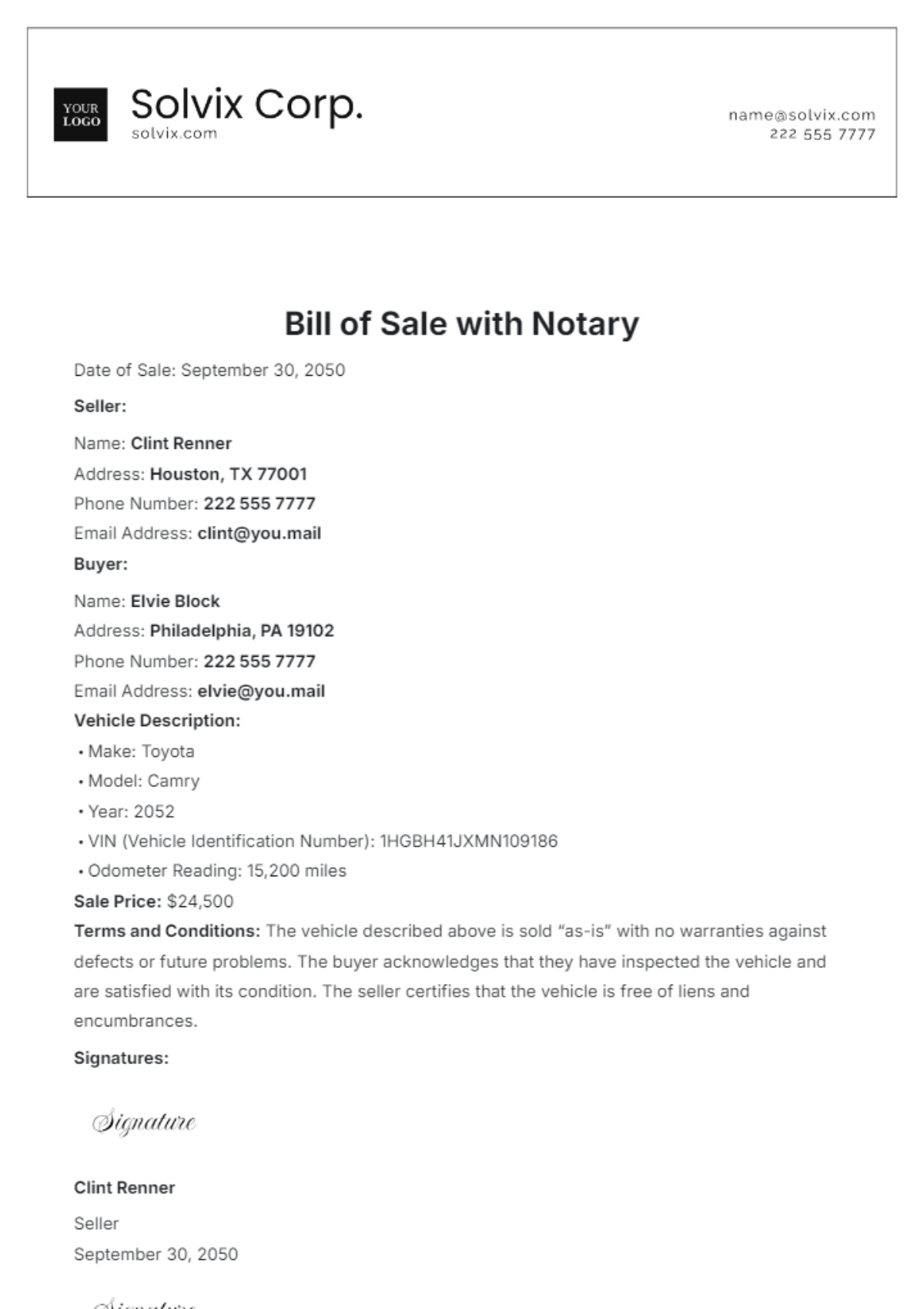 Free Bill of Sale with Notary Template