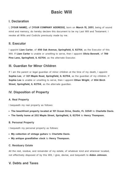Free Basic Will Design Template to Edit Online