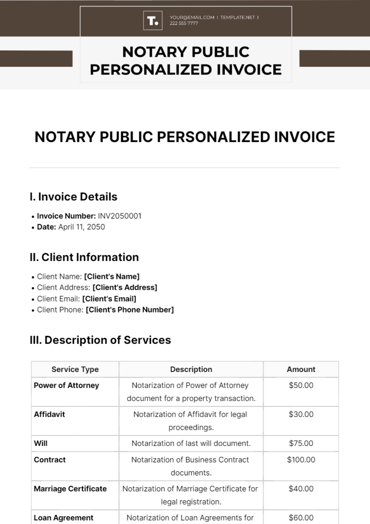 Free Notary Public Personalized Invoice Template