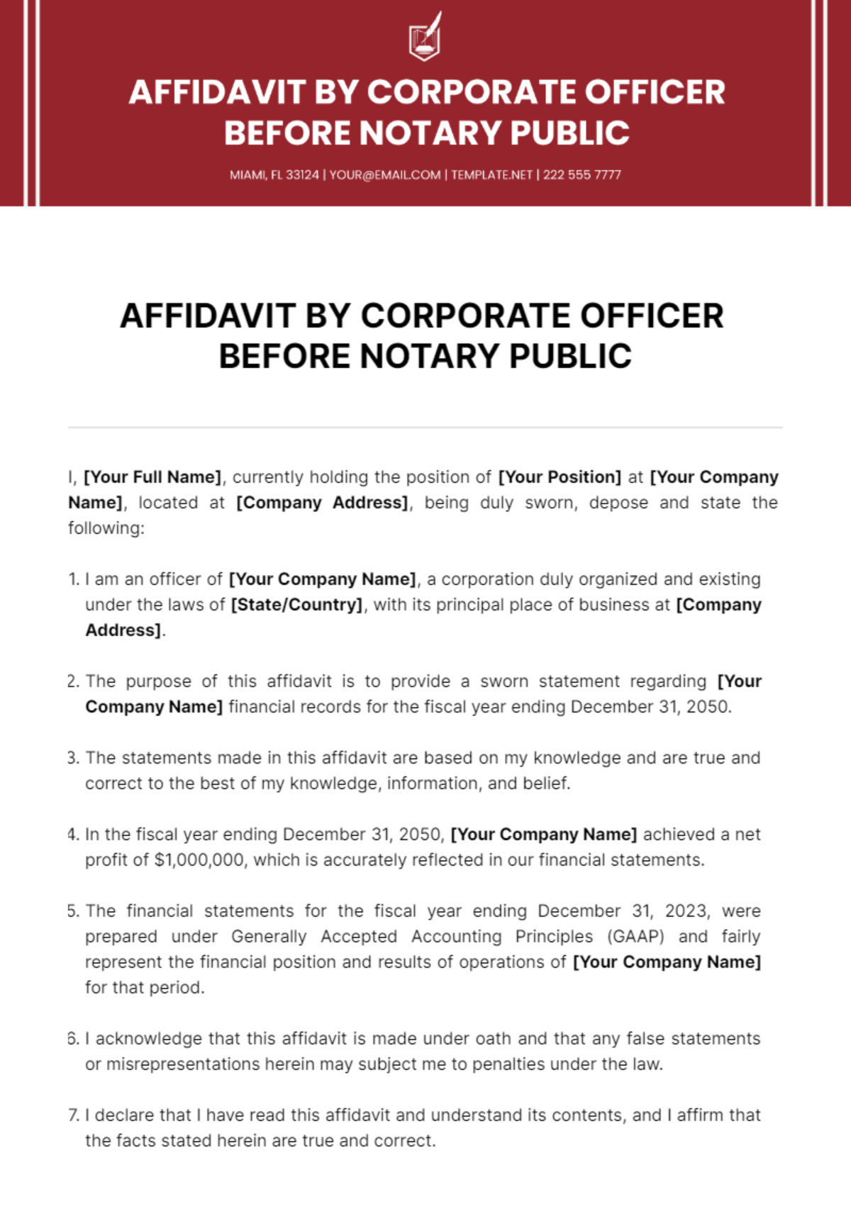 Free Affidavit By Corporate Officer Before Notary Public Template