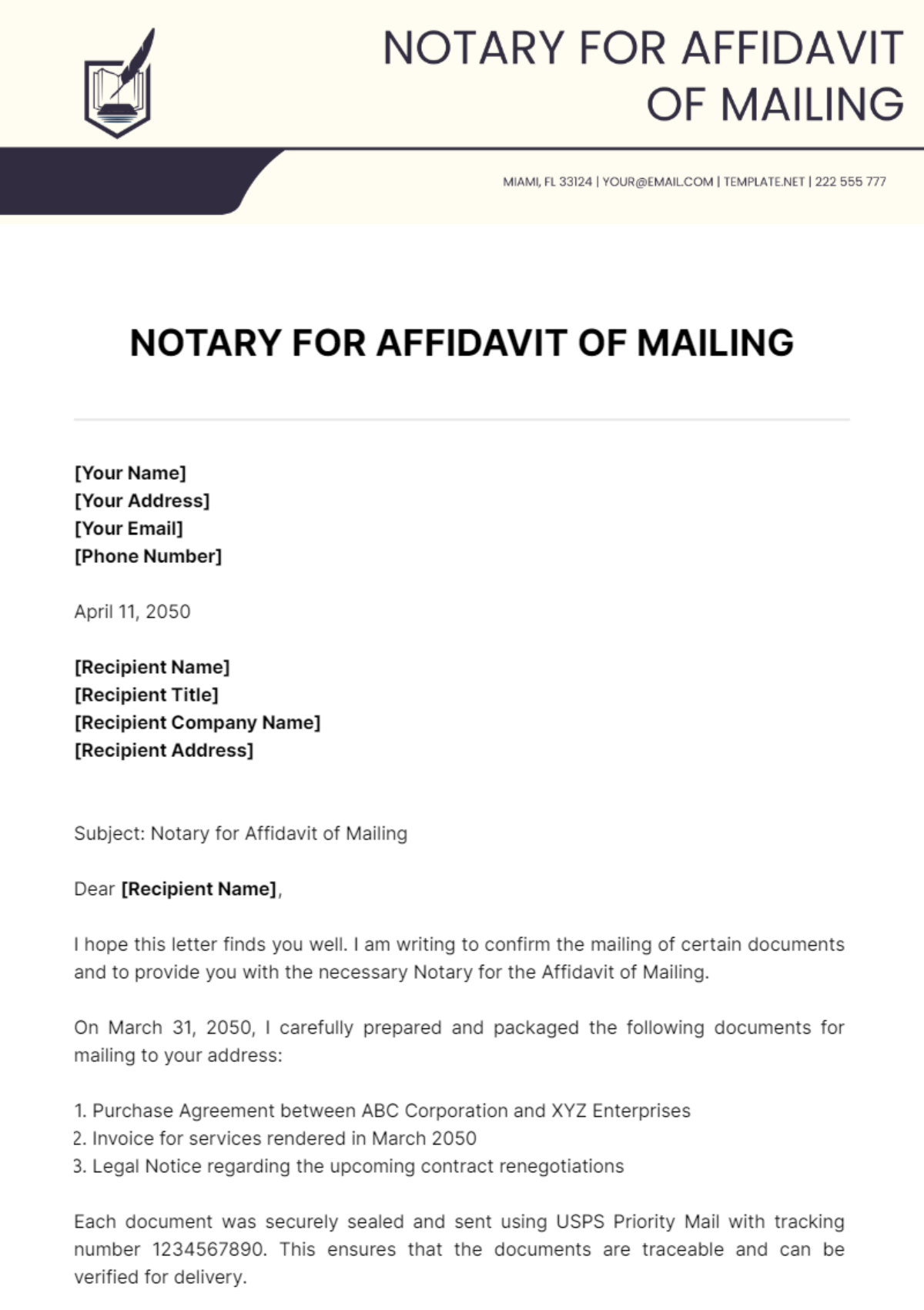 Notary For Affidavit Of Mailing Template