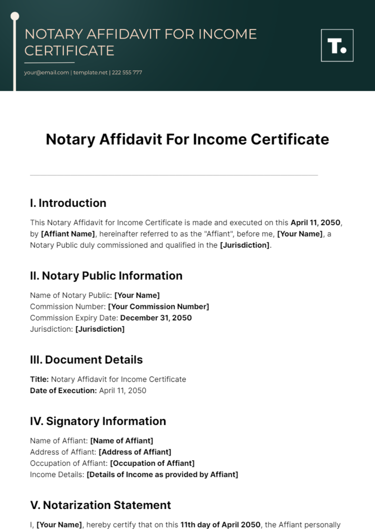 Free Notary Affidavit For Income Certificate Template