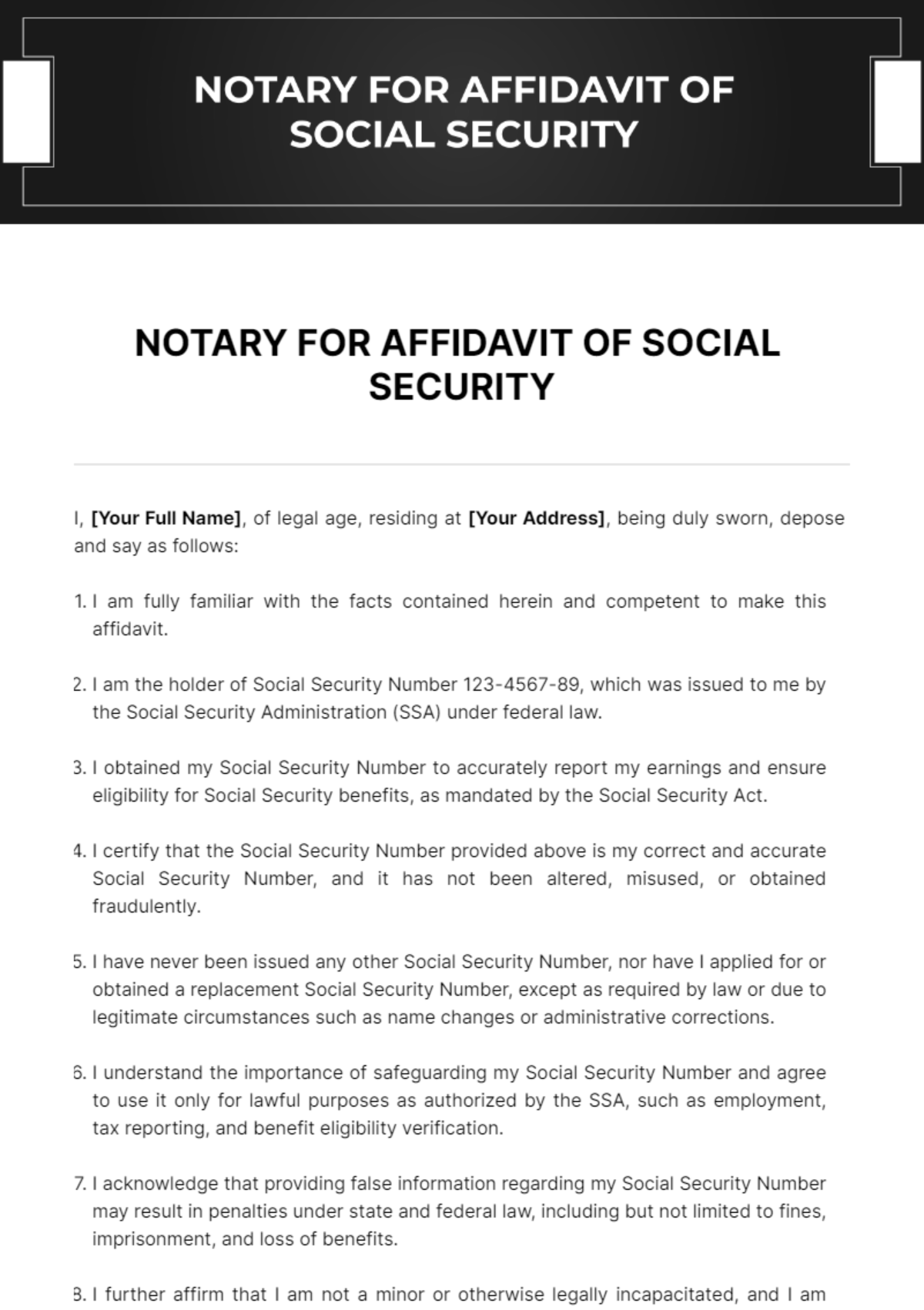 Free Notary For Affidavit Of Social Security Template