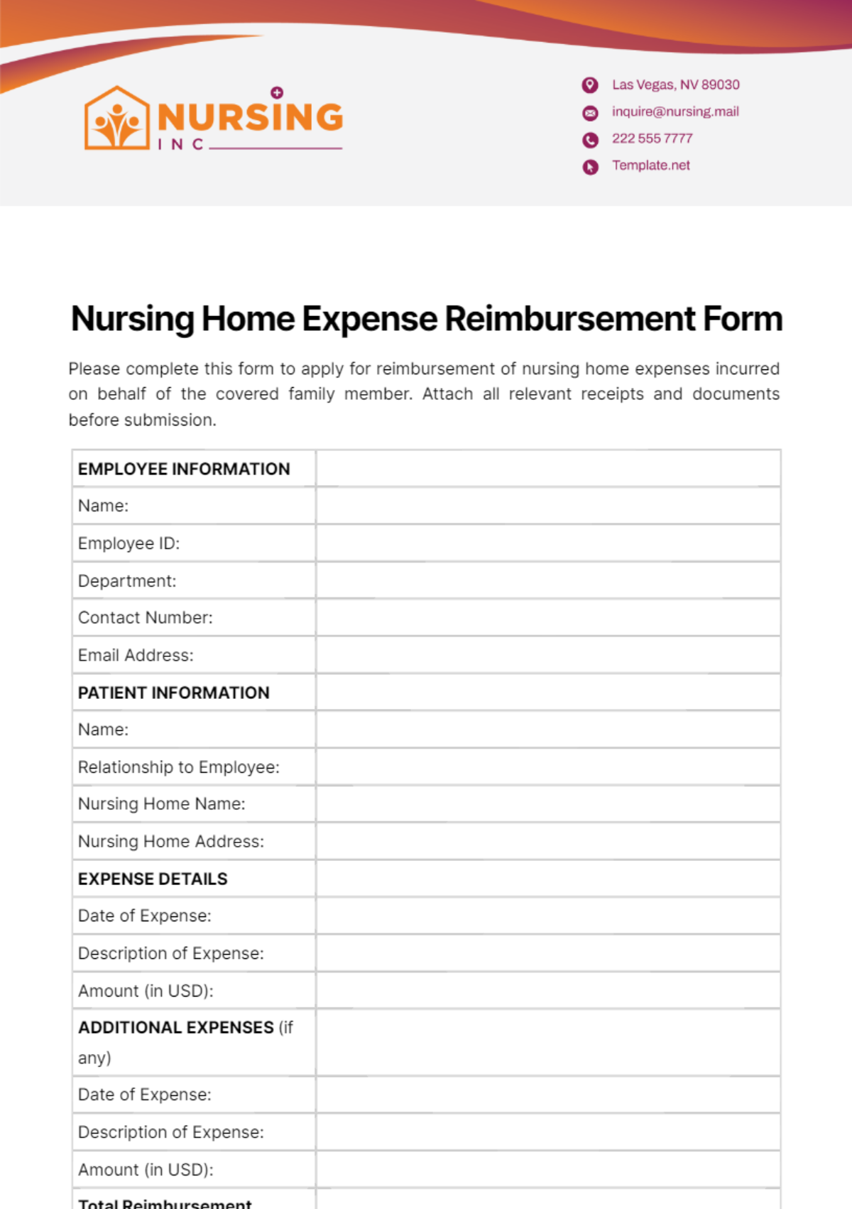 Free Nursing Home Expense Reimbursement Form Template