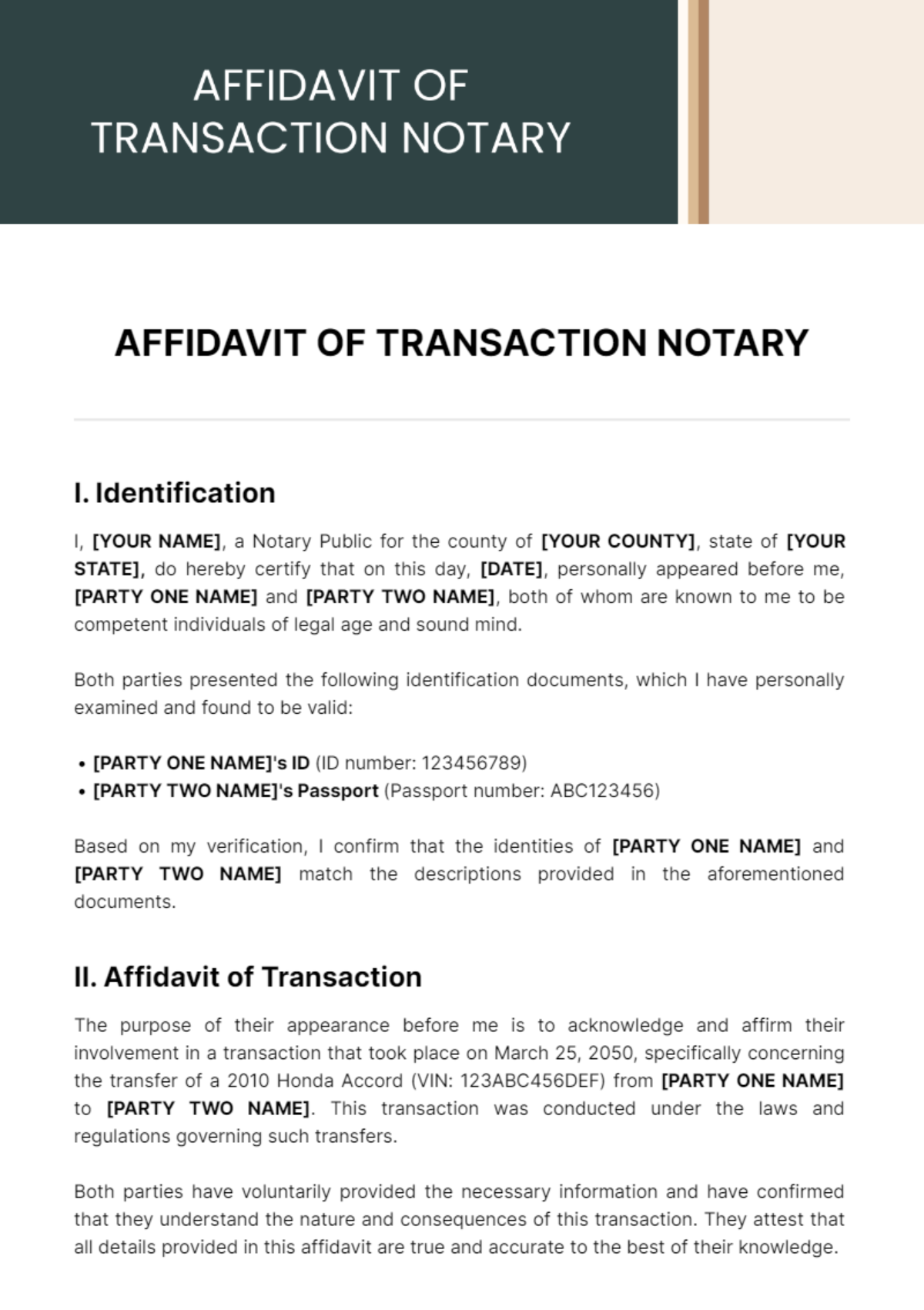 Free Affidavit Of Transaction Notary Template