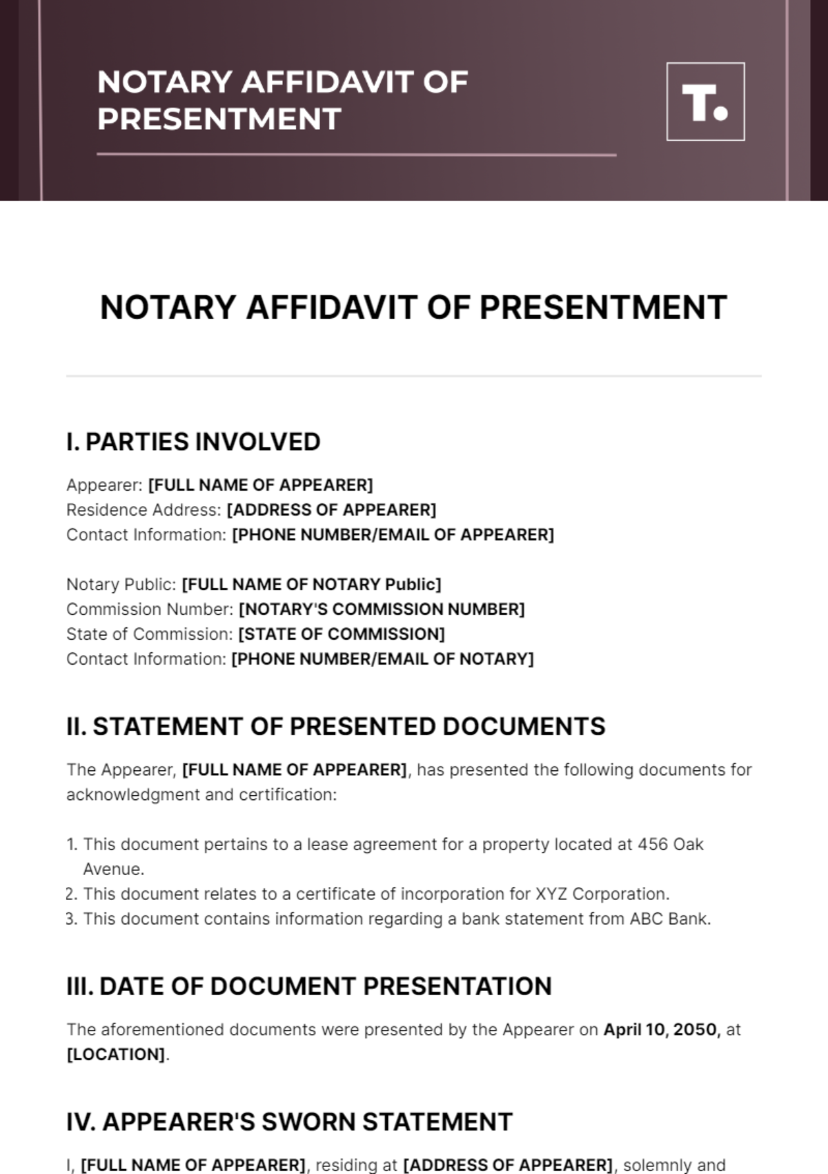 Free Notary Affidavit of Presentment Template