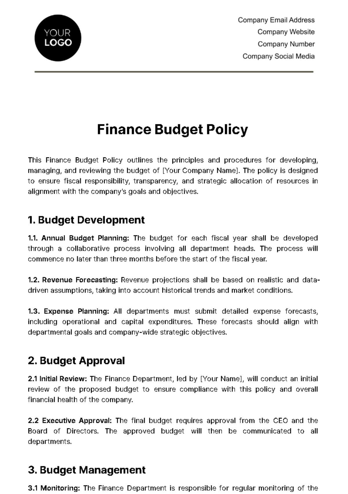 Finance Budget Policy Template