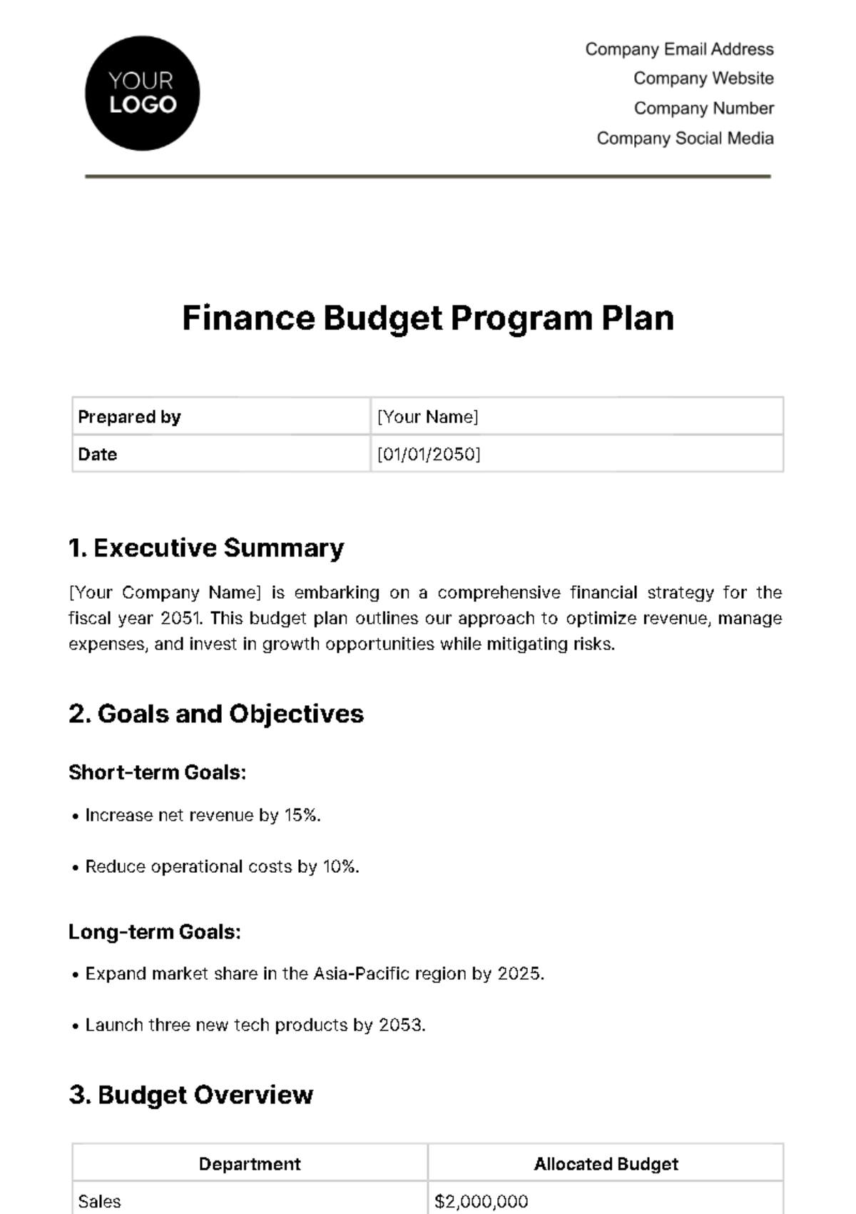 Finance Budget Program Plan Template
