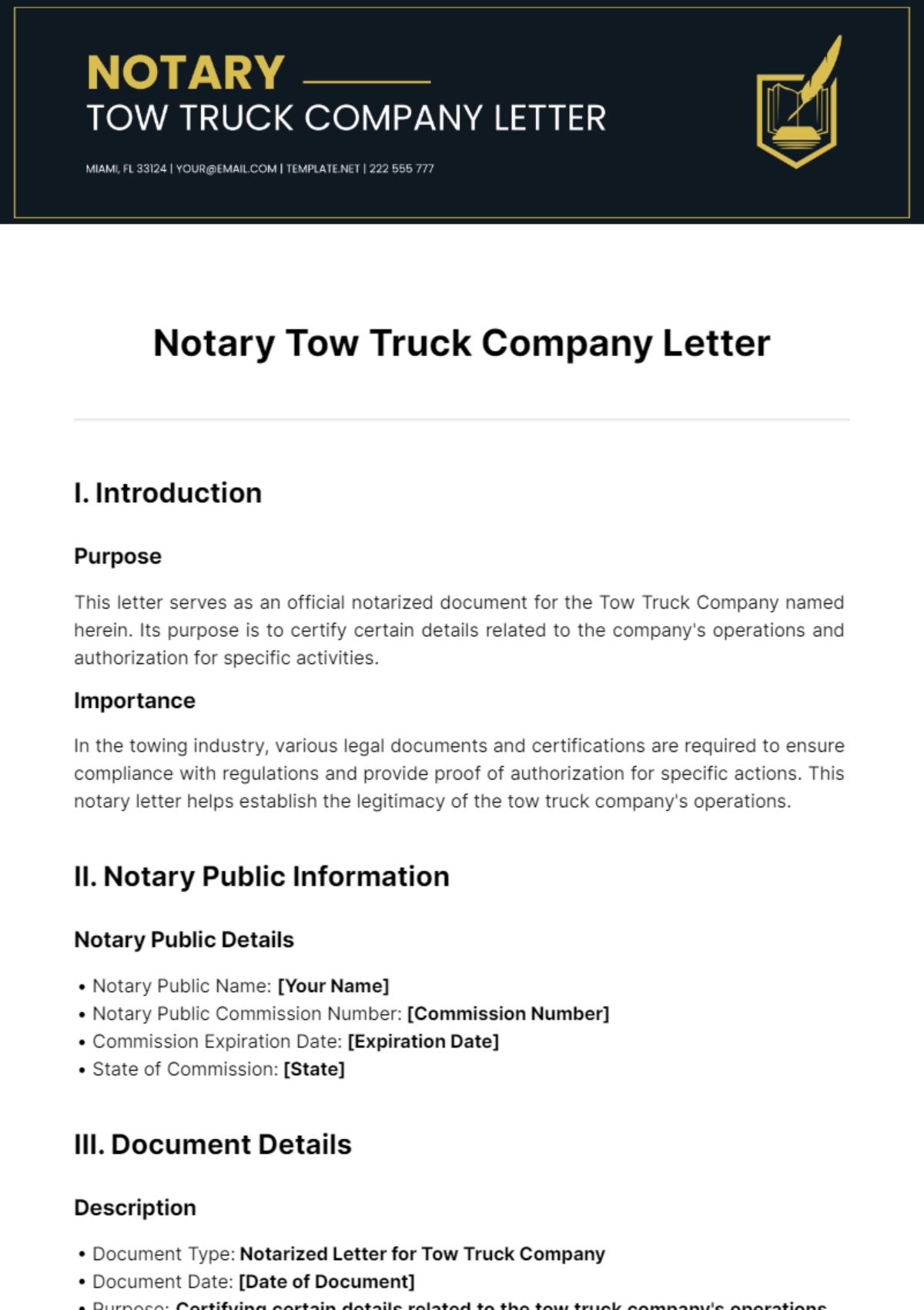 Notary Tow Truck Company Letter Template