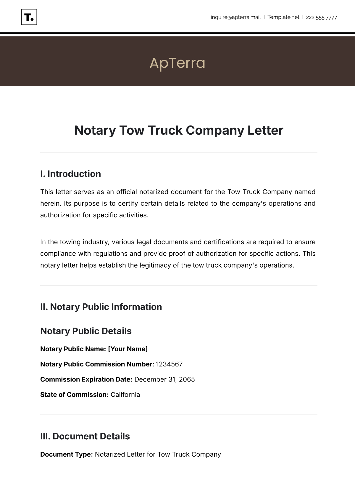 Free Notary Tow Truck Company Letter Template