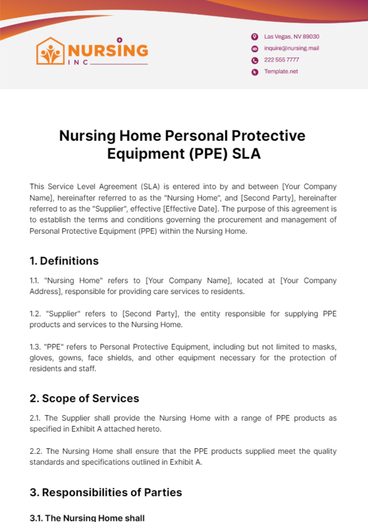 Nursing Home Personal Protective Equipment (PPE) SLA Template