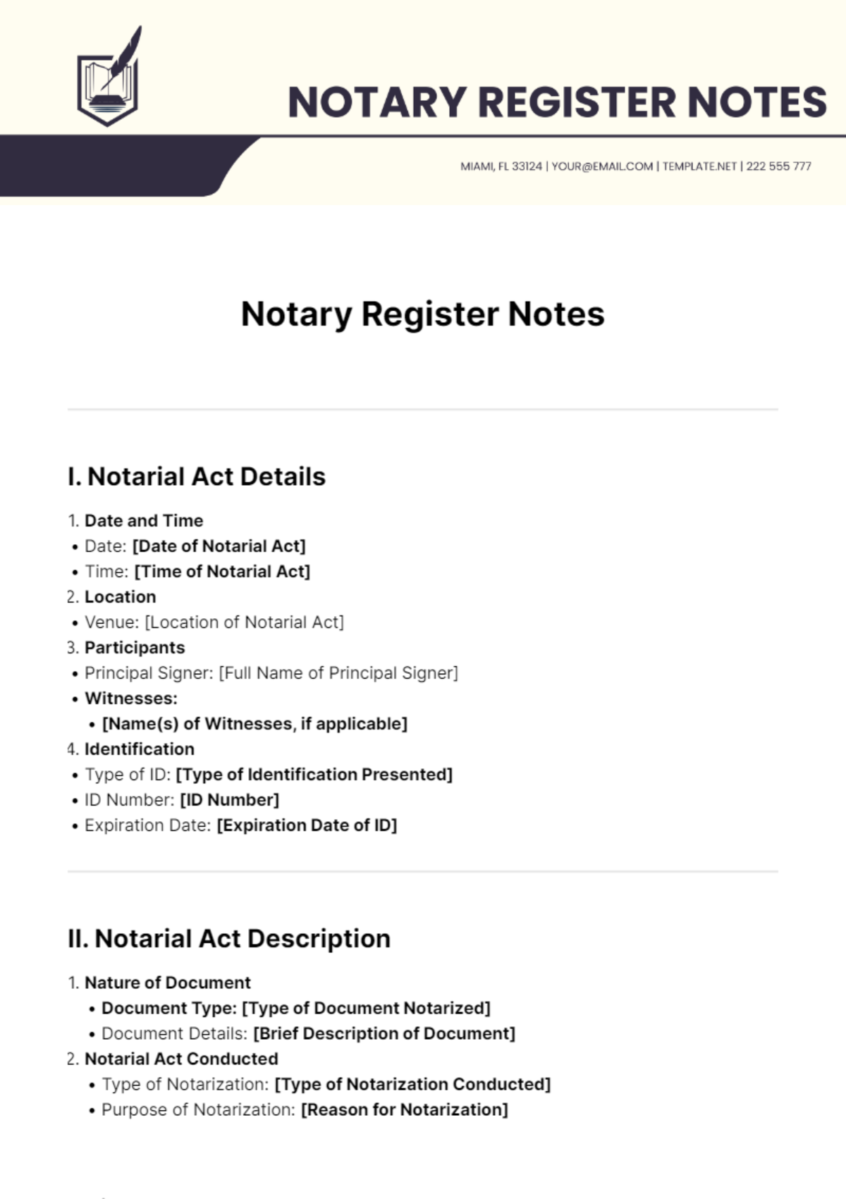 Notary Register Notes Template