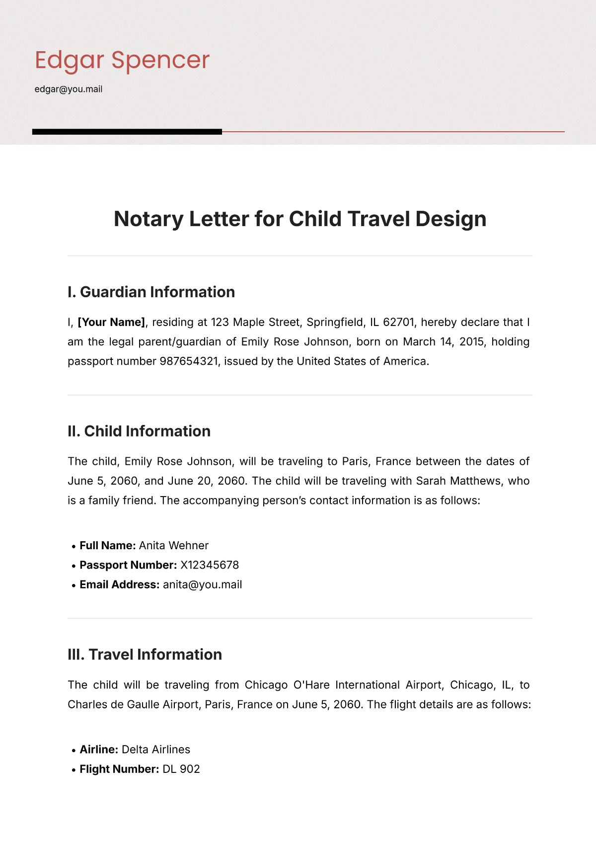 Free Notary Letter for Child Travel Design Template