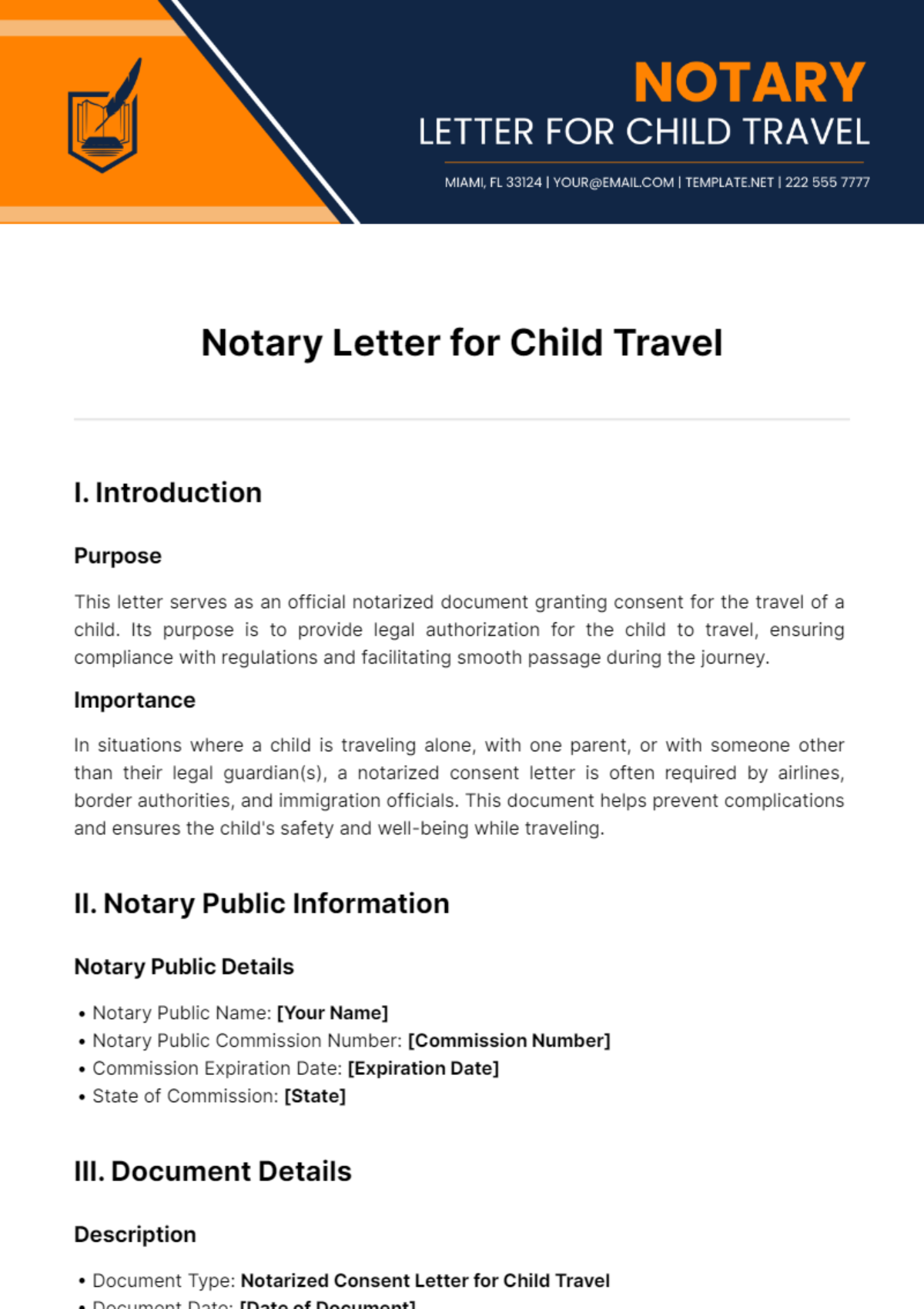 Free Notary Letter for Child Travel Template