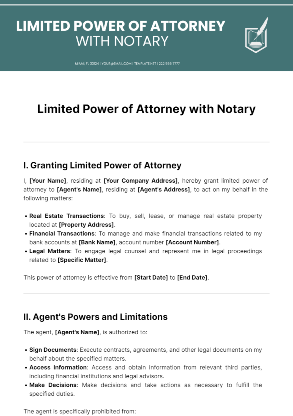 Limited Power Of Attorney With Notary Template