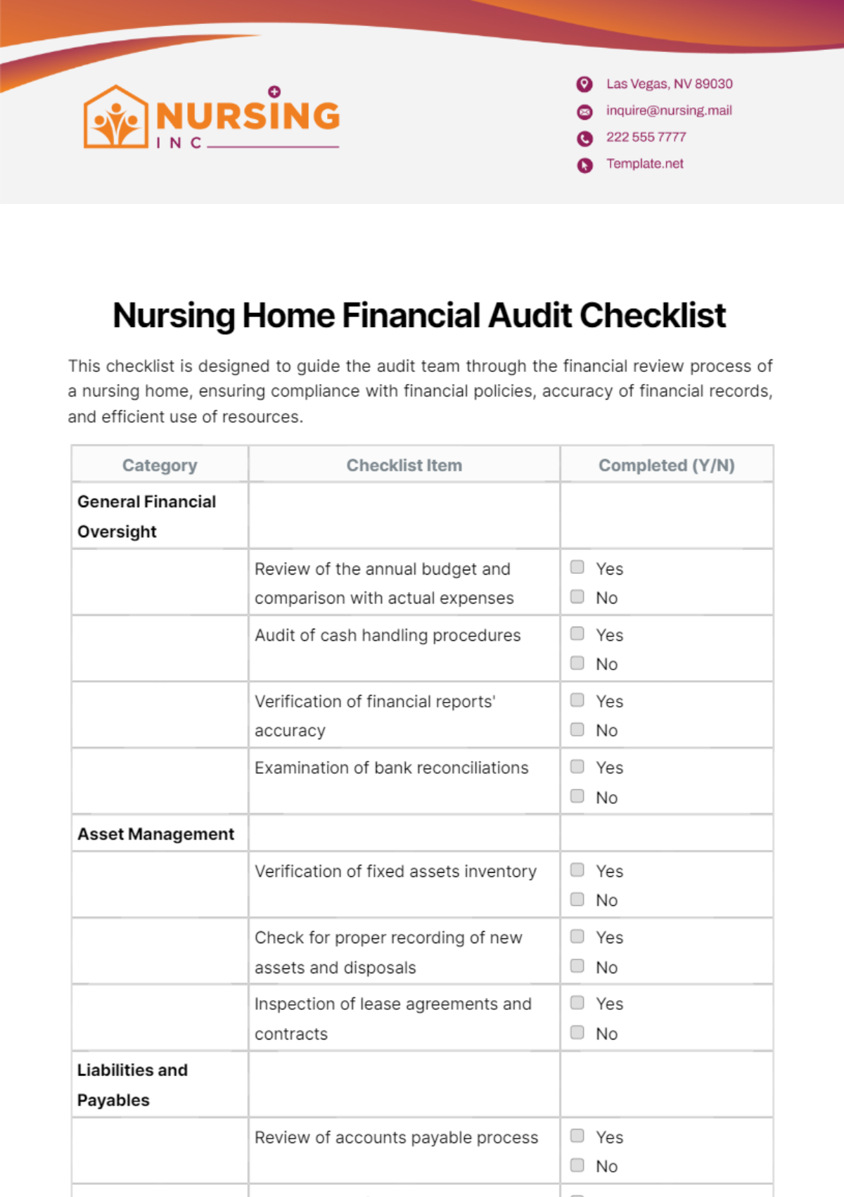 Nursing Home Financial Audit Checklist Template
