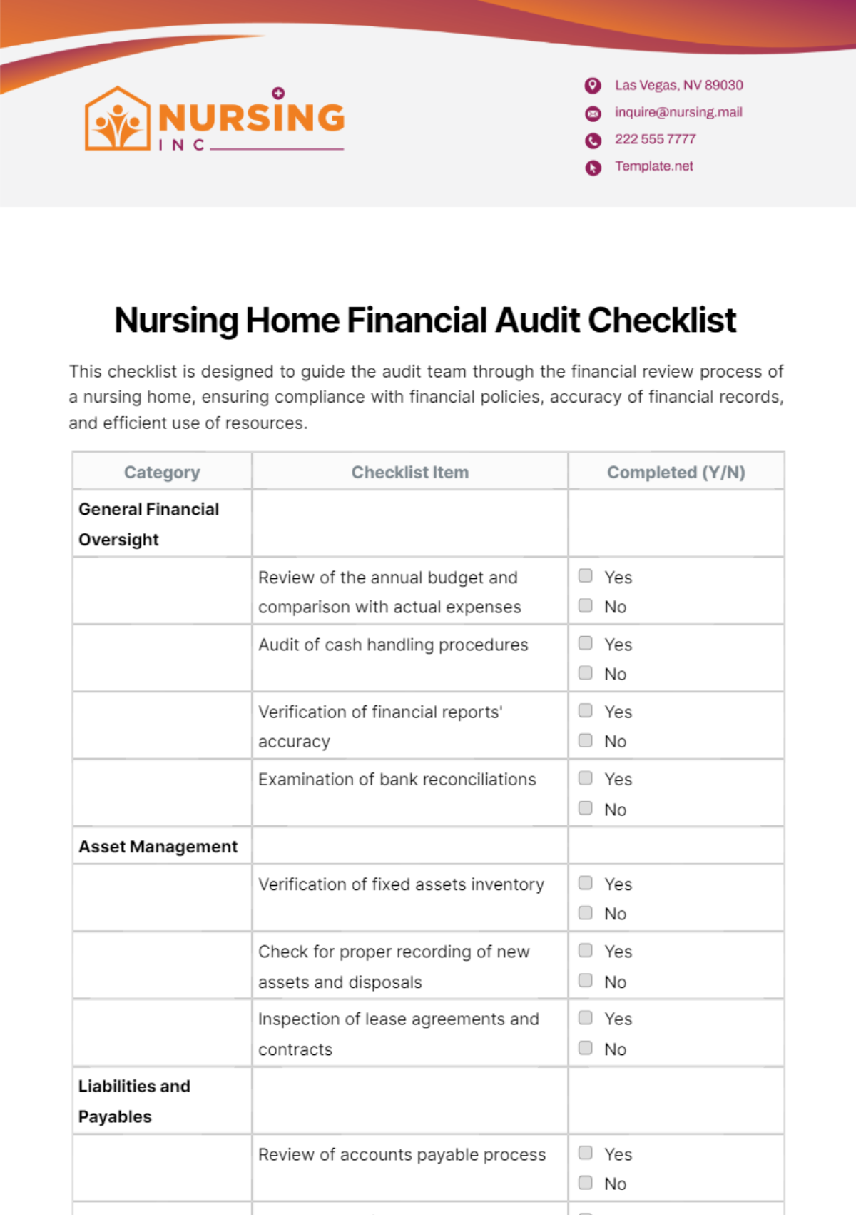 Nursing Home Financial Audit Checklist Template - Edit Online & Download