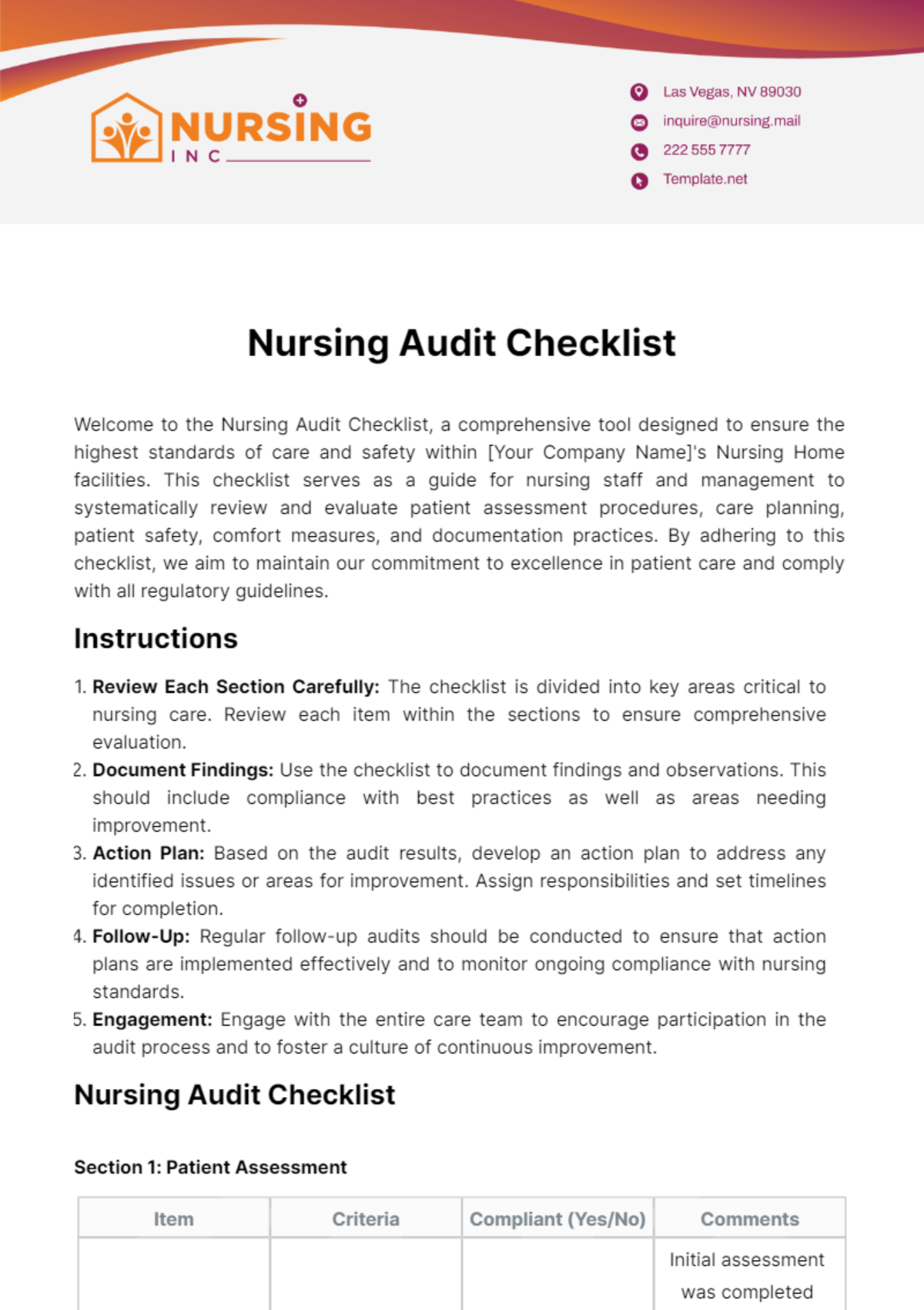 Free Nursing Audit Checklist Template