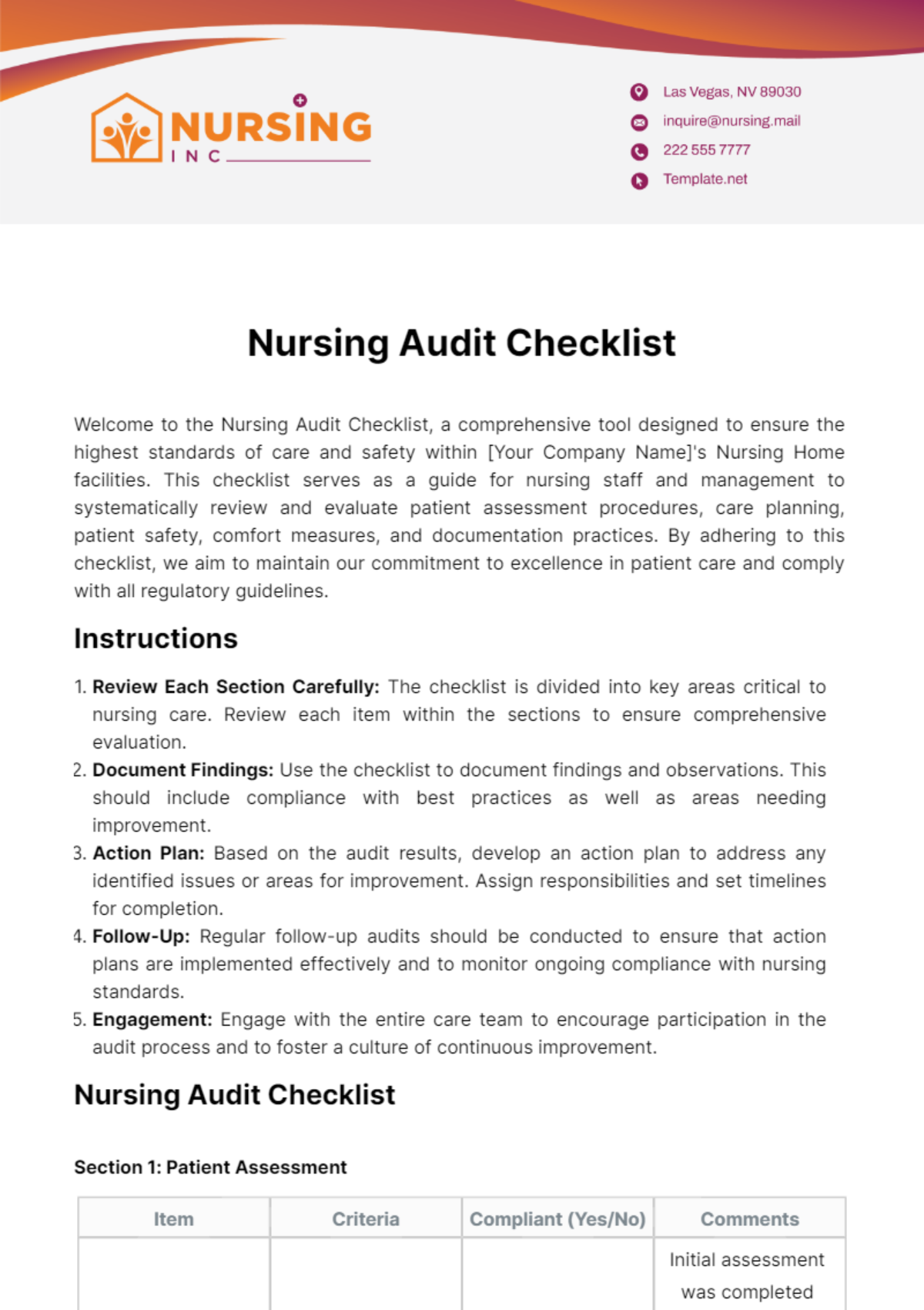 Free Nursing Audit Checklist Template - Edit Online & Download ...