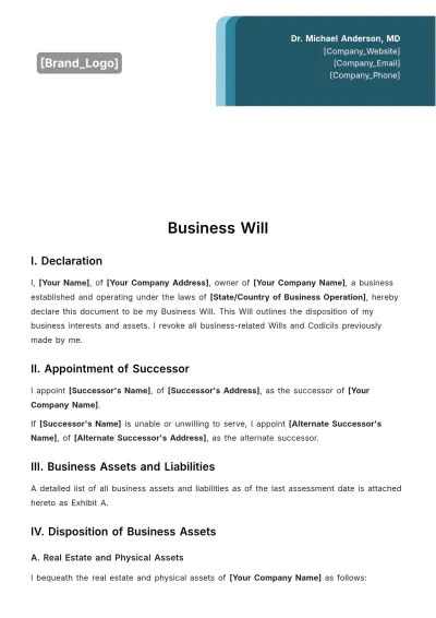 Free Business Will Template to Edit Online