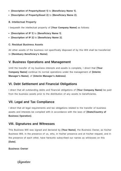 Free Business Will Template to Edit Online