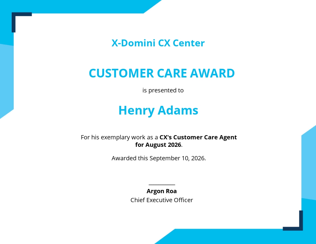 Customer Care Award Certificate Template - Google Docs, Illustrator, InDesign, Word, Outlook, Apple Pages, PSD, Publisher
