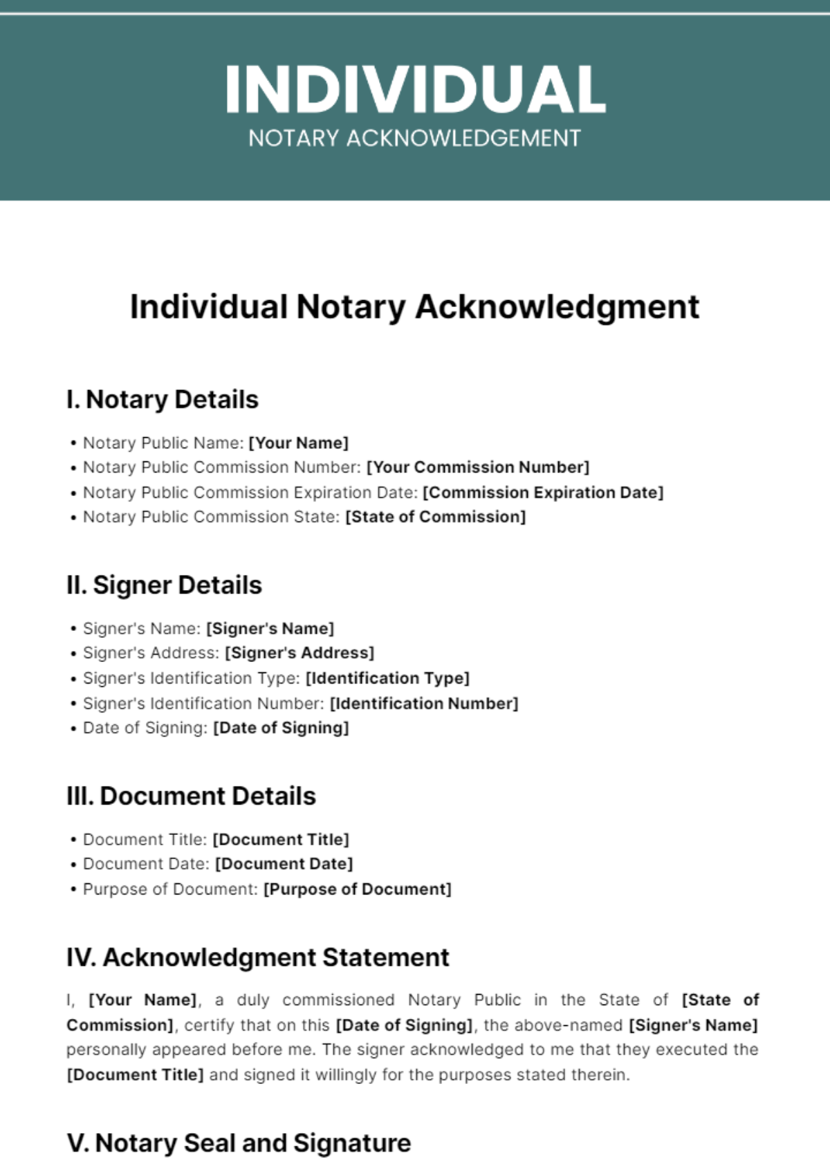 Individual Notary Acknowledgement Template