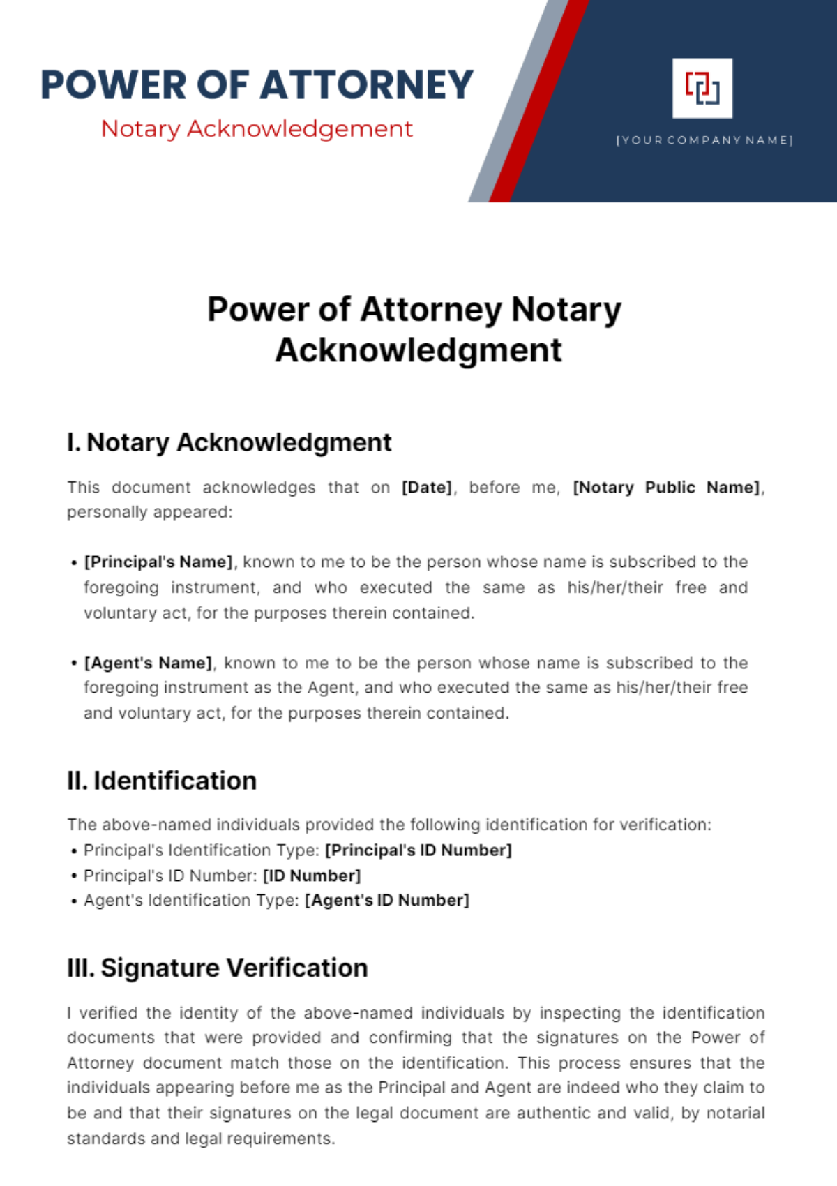 Power Of Attorney Notary Acknowledgement Template