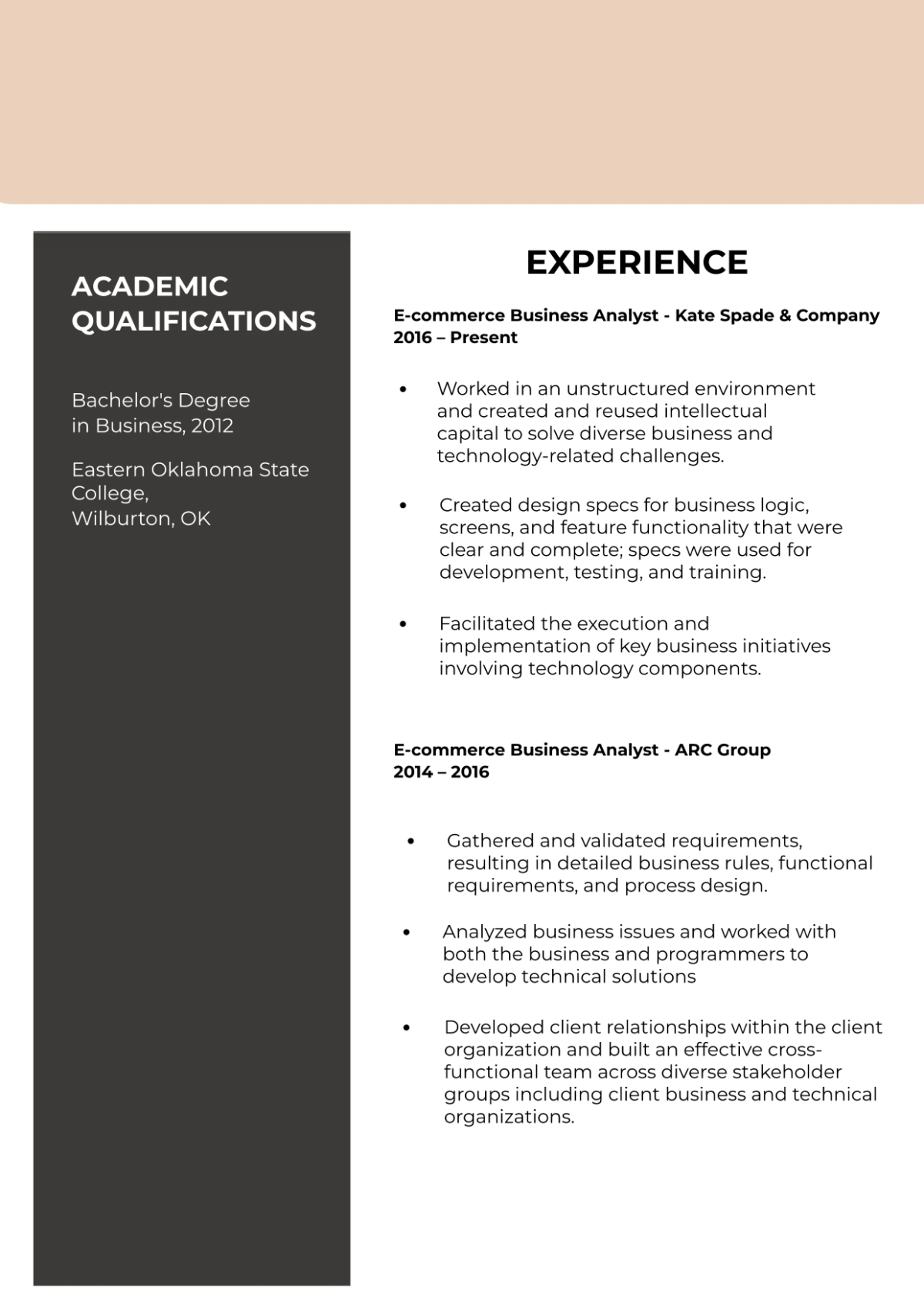 Free E-Commerce Business Analyst Resume Template to Edit Online