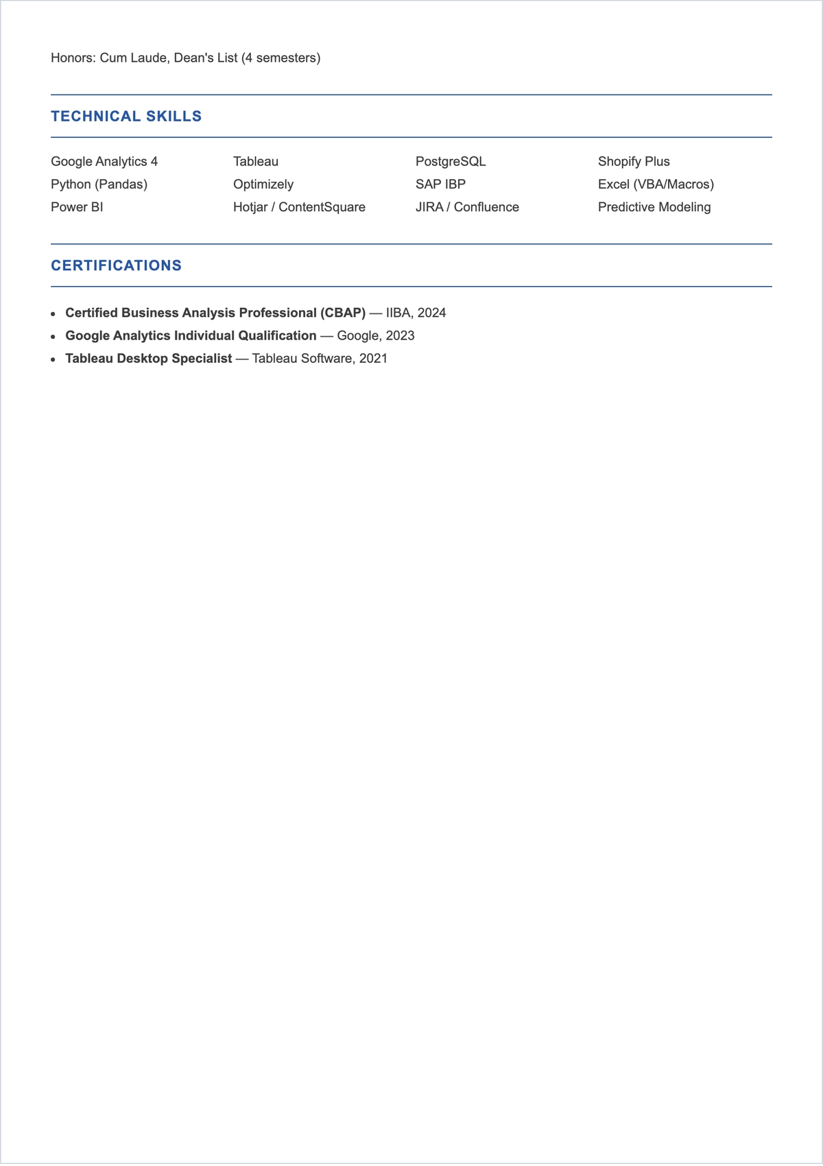 Free E-Commerce Business Analyst ATS Resume Template