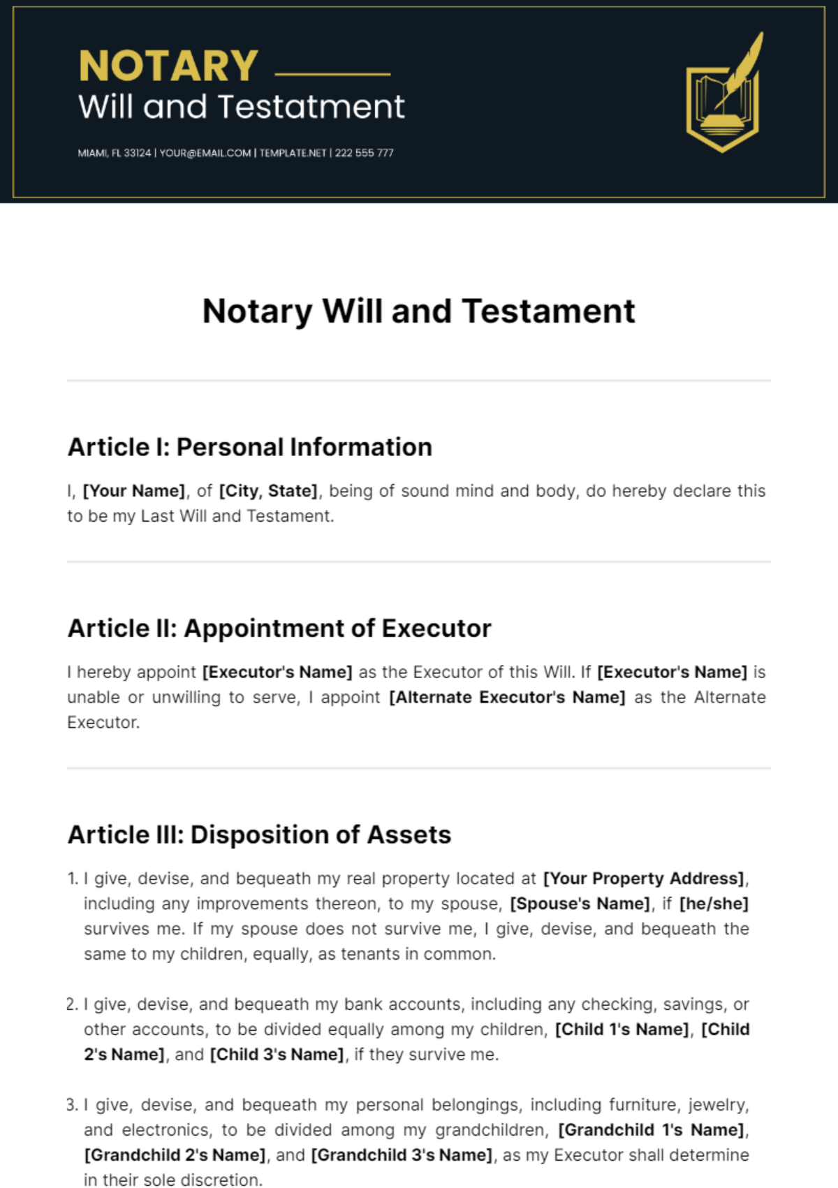 Notary Will And Testament Template
