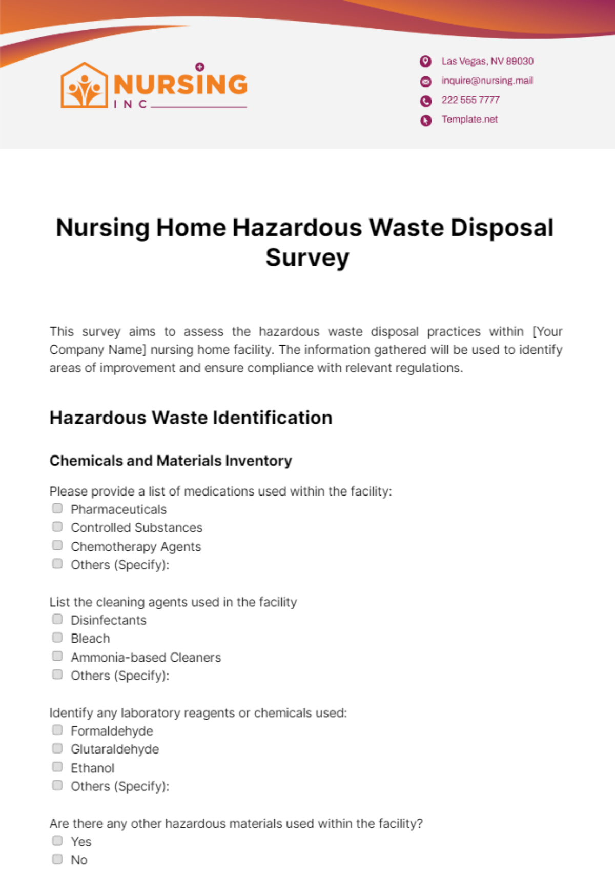 Free Nursing Home Hazardous Waste Disposal Survey Template