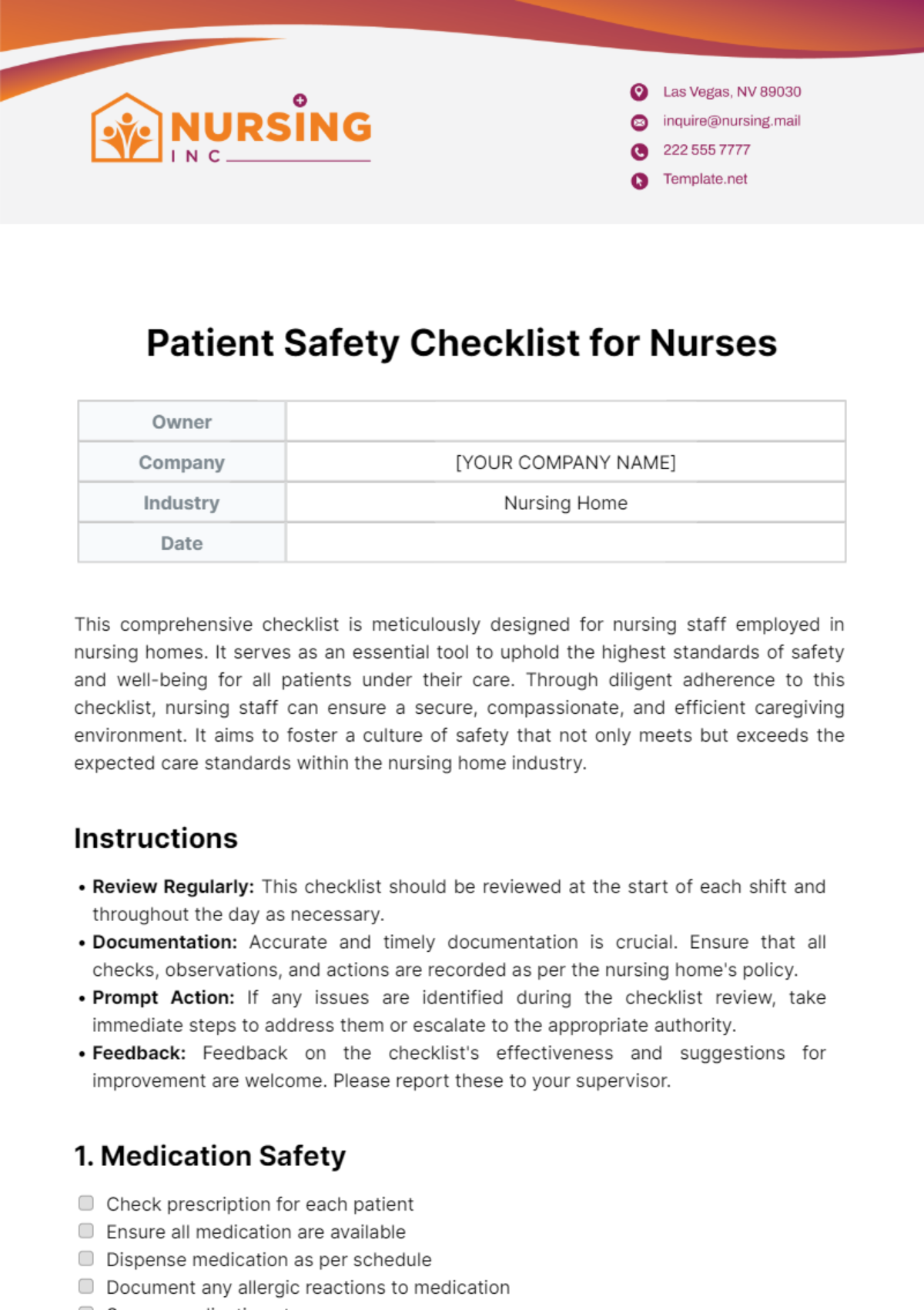 Patient Safety Checklist For Nurses Template