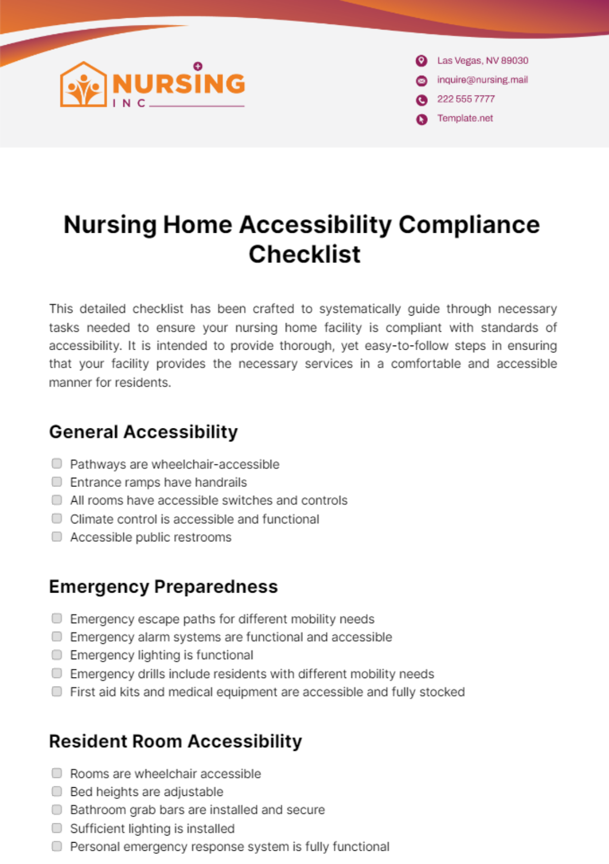 Nursing Home Accessibility Compliance Checklist Template