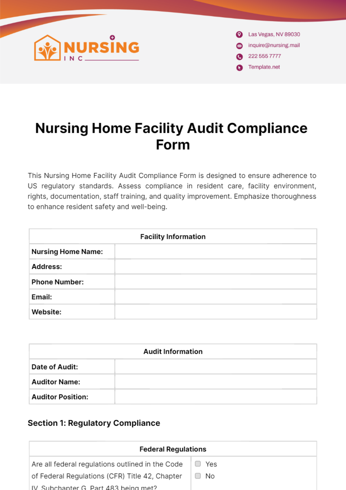 Nursing Home Facility Audit Compliance Form Template