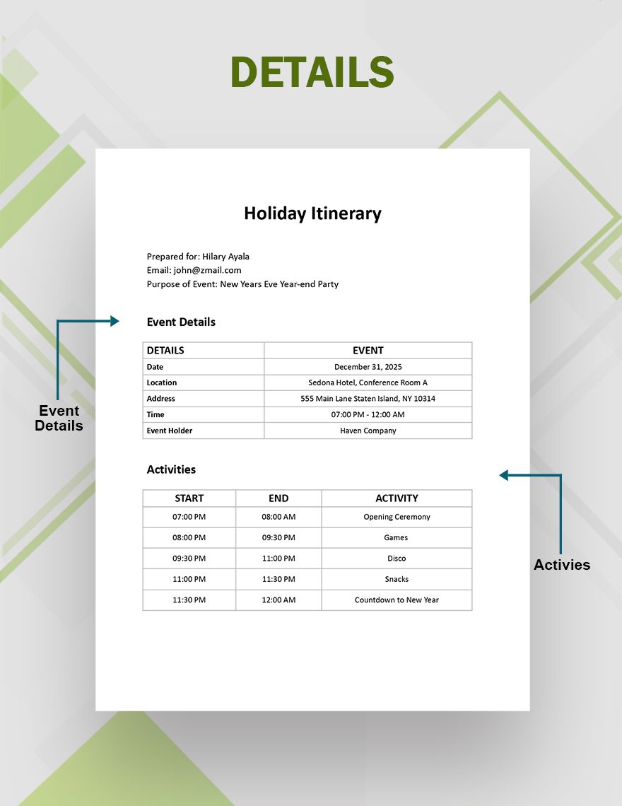 Holiday Itinerary Planner Template Word Google Docs PDF Template