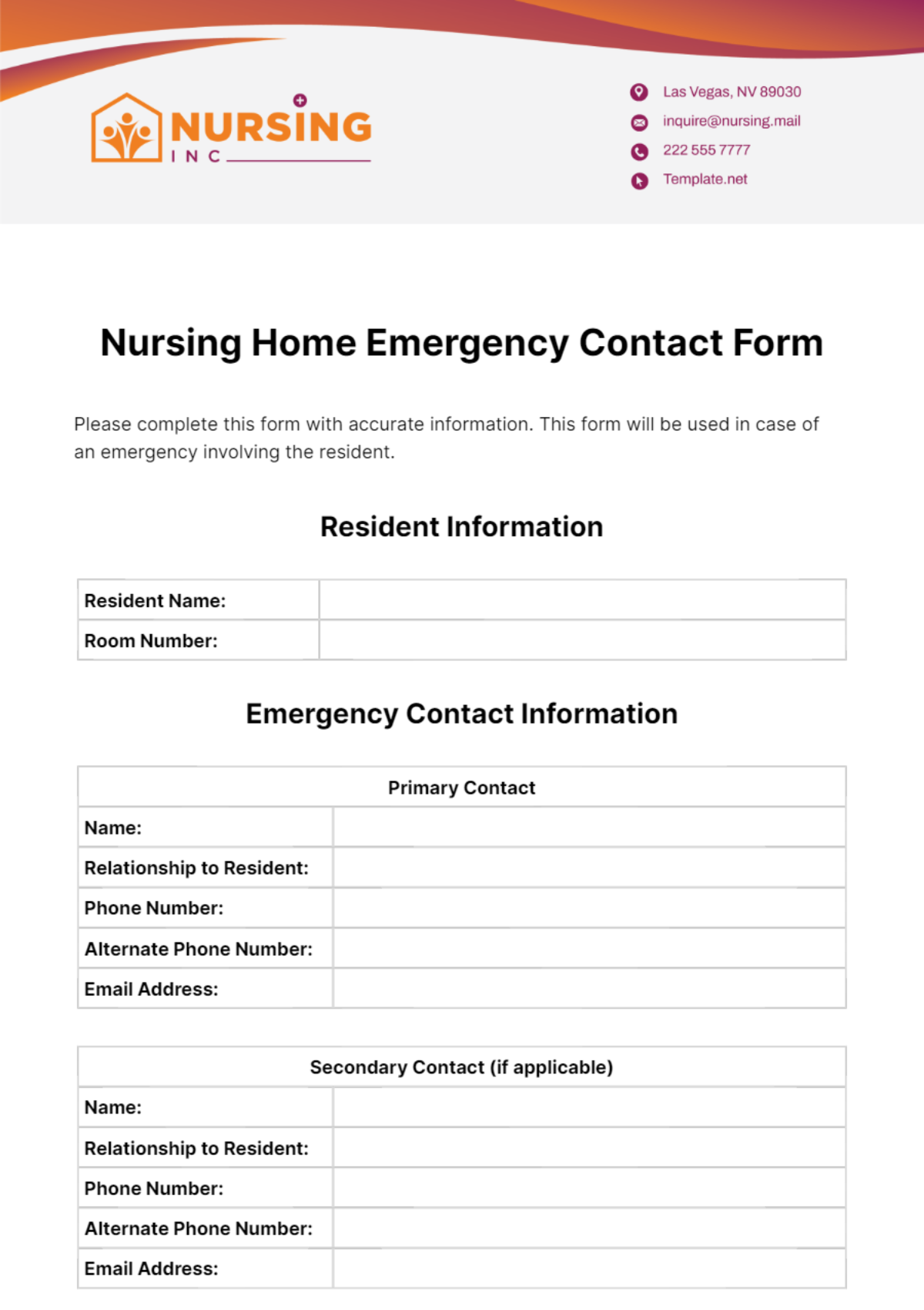 Nursing Home Emergency Contact Form Template
