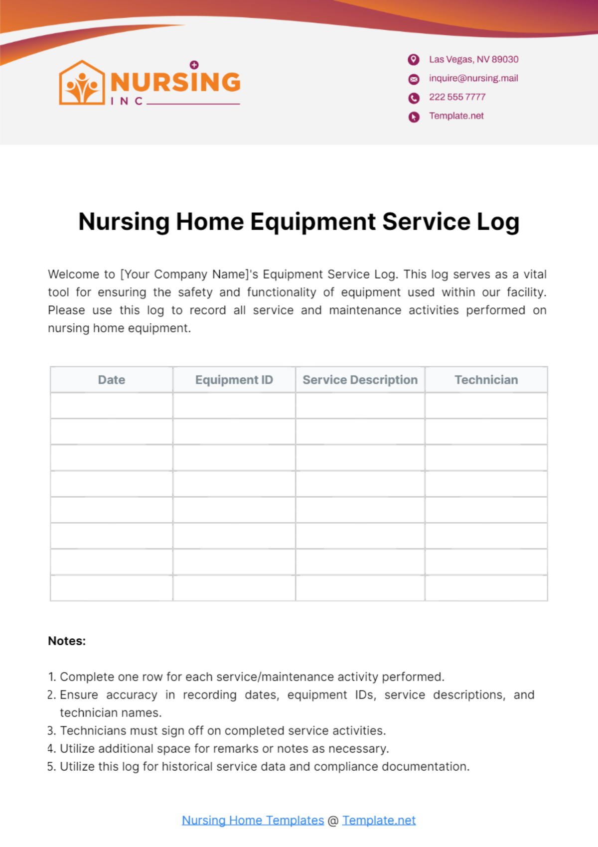 Nursing Home Equipment Service Log Template