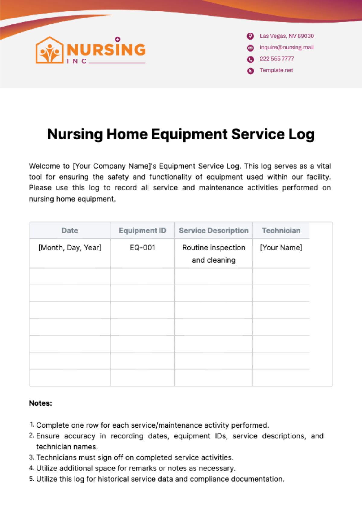 Nursing Home Equipment Service Log Template - Edit Online & Download