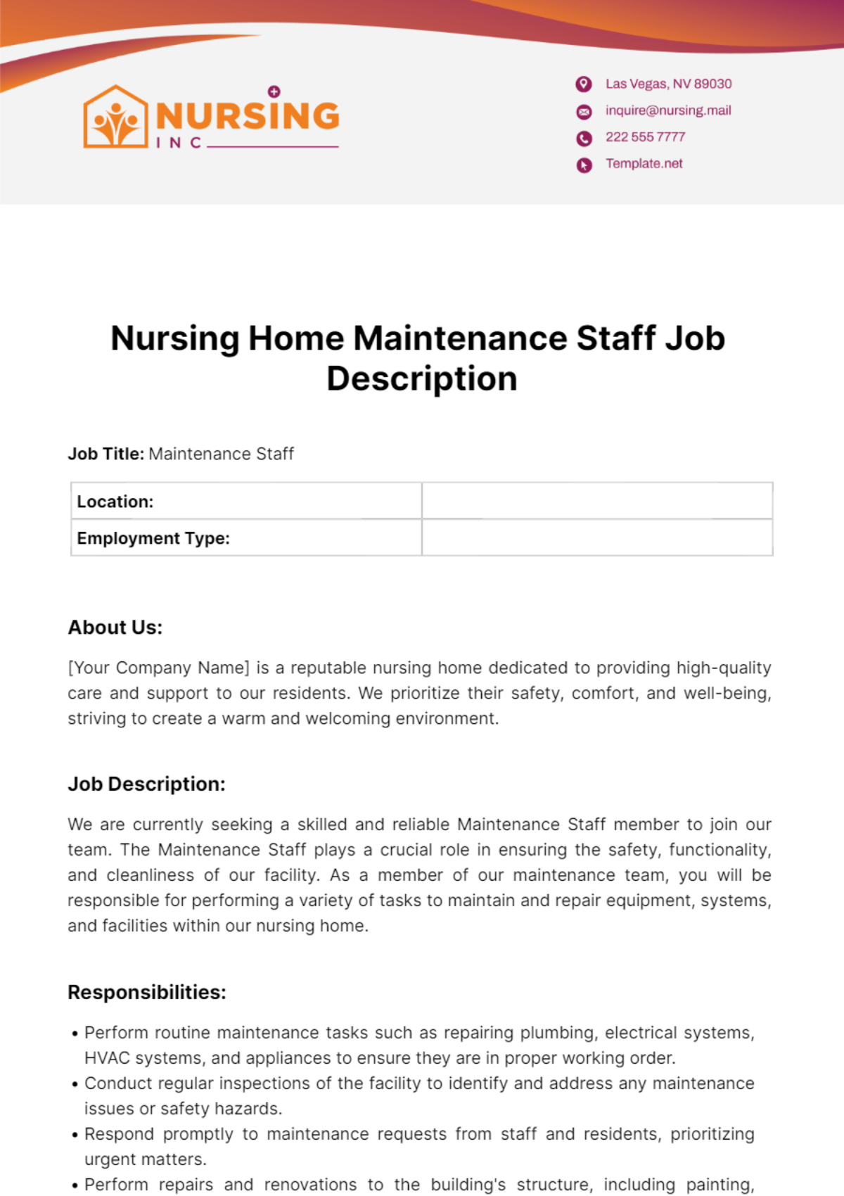 Nursing Home Maintenance Staff Job Description Template