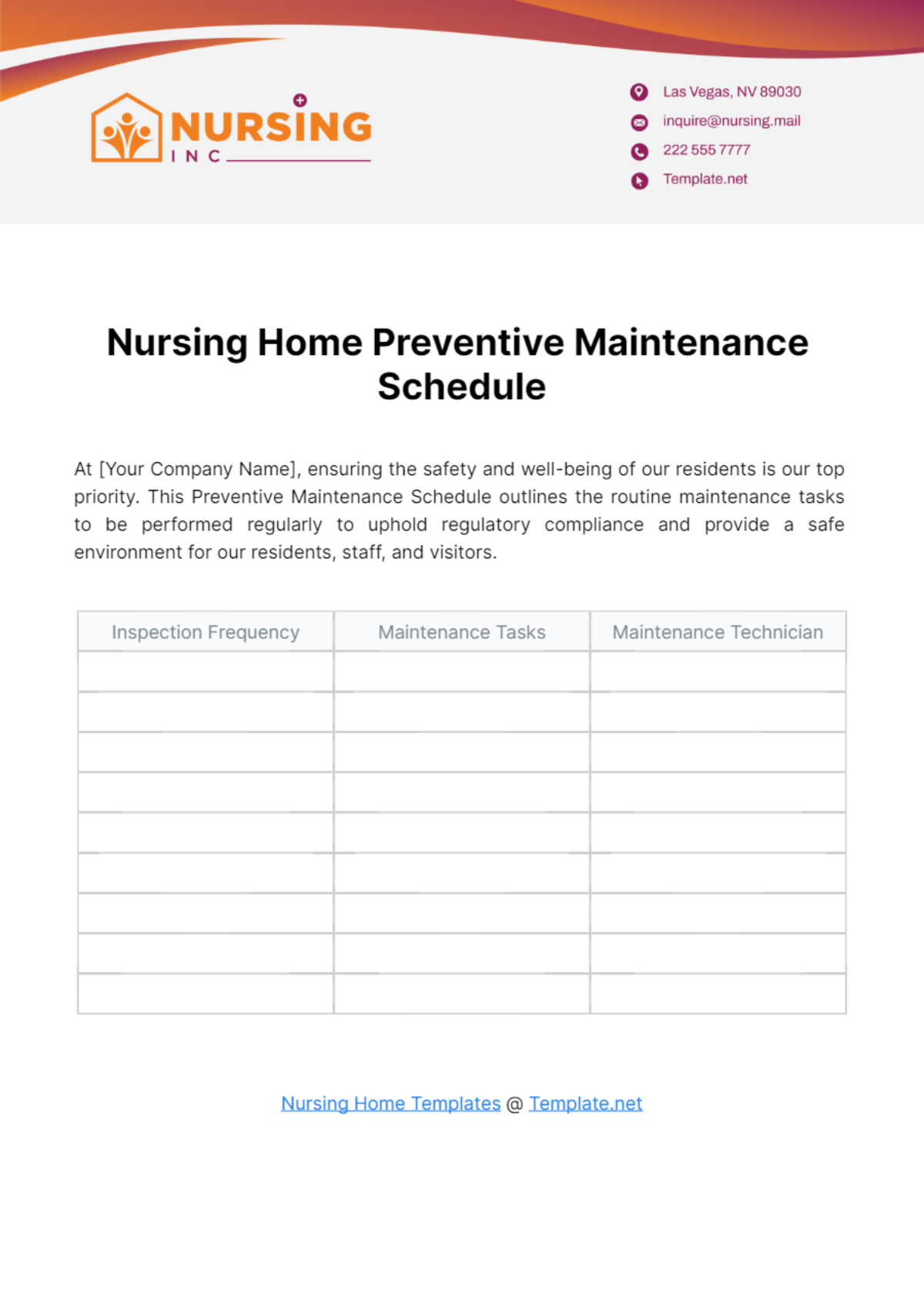 Nursing Home Preventive Maintenance Schedule Template